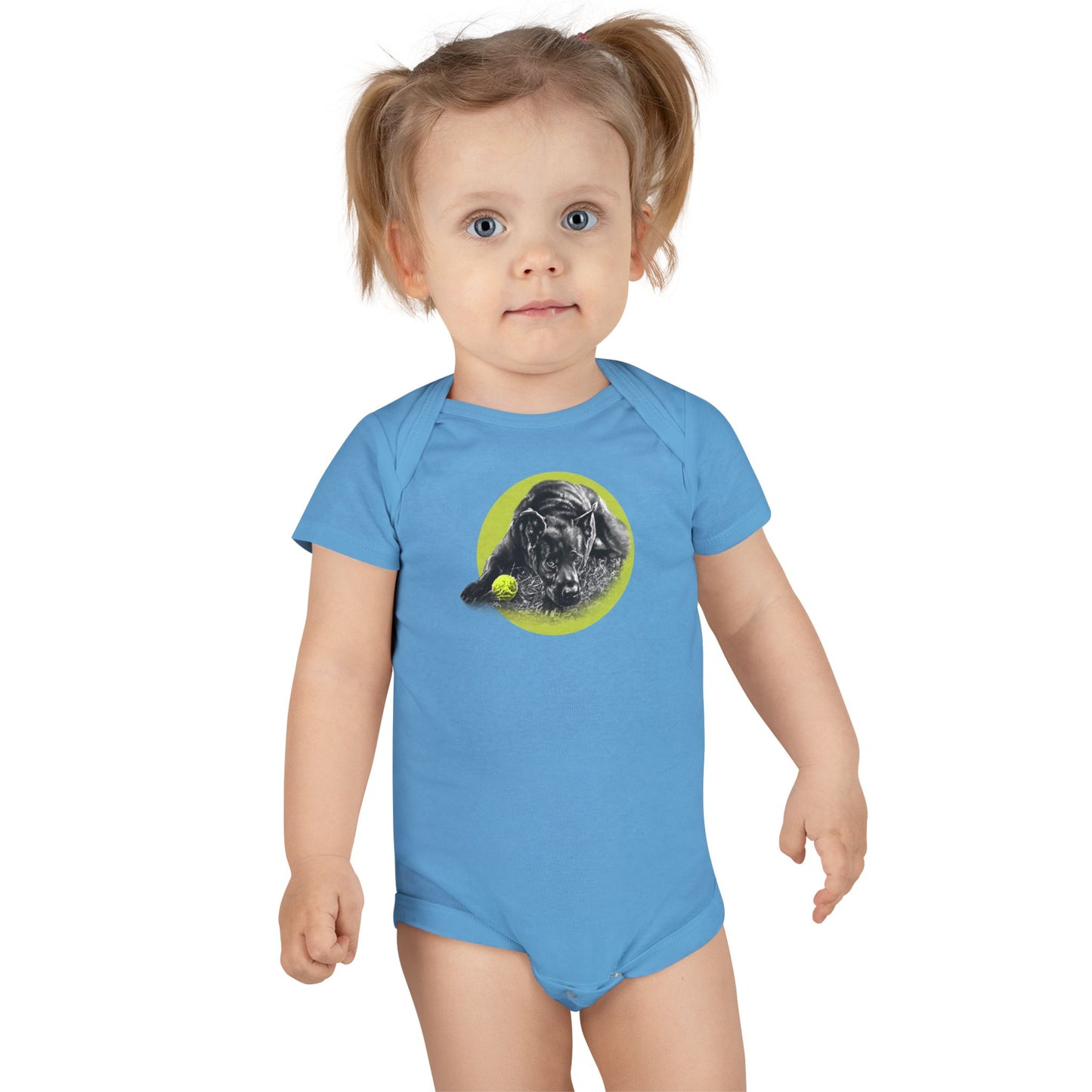 Baby Onesie - Yellow Ball, Black Dog Short Sleeve