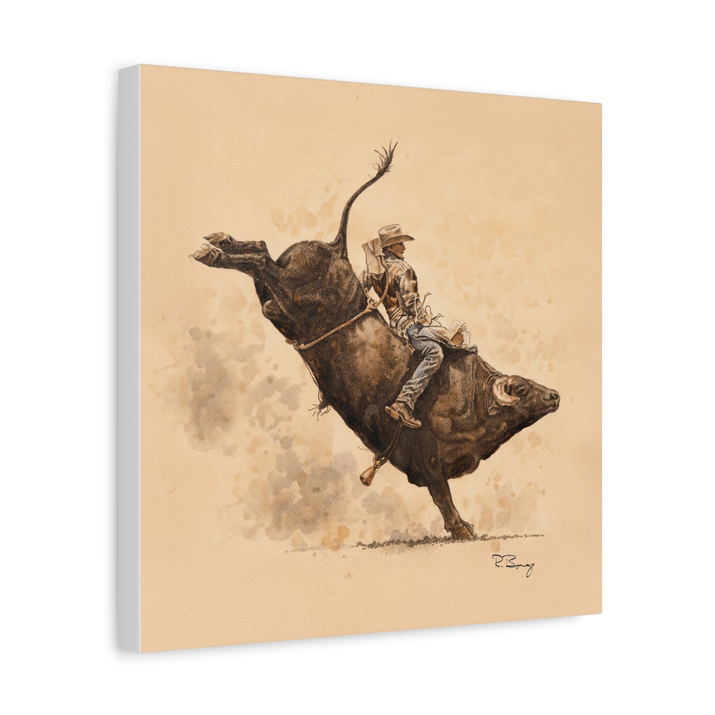 Bull Rider Rodeo Stretched Canvas Art — Watercolor & Pencil Western Wall Decor