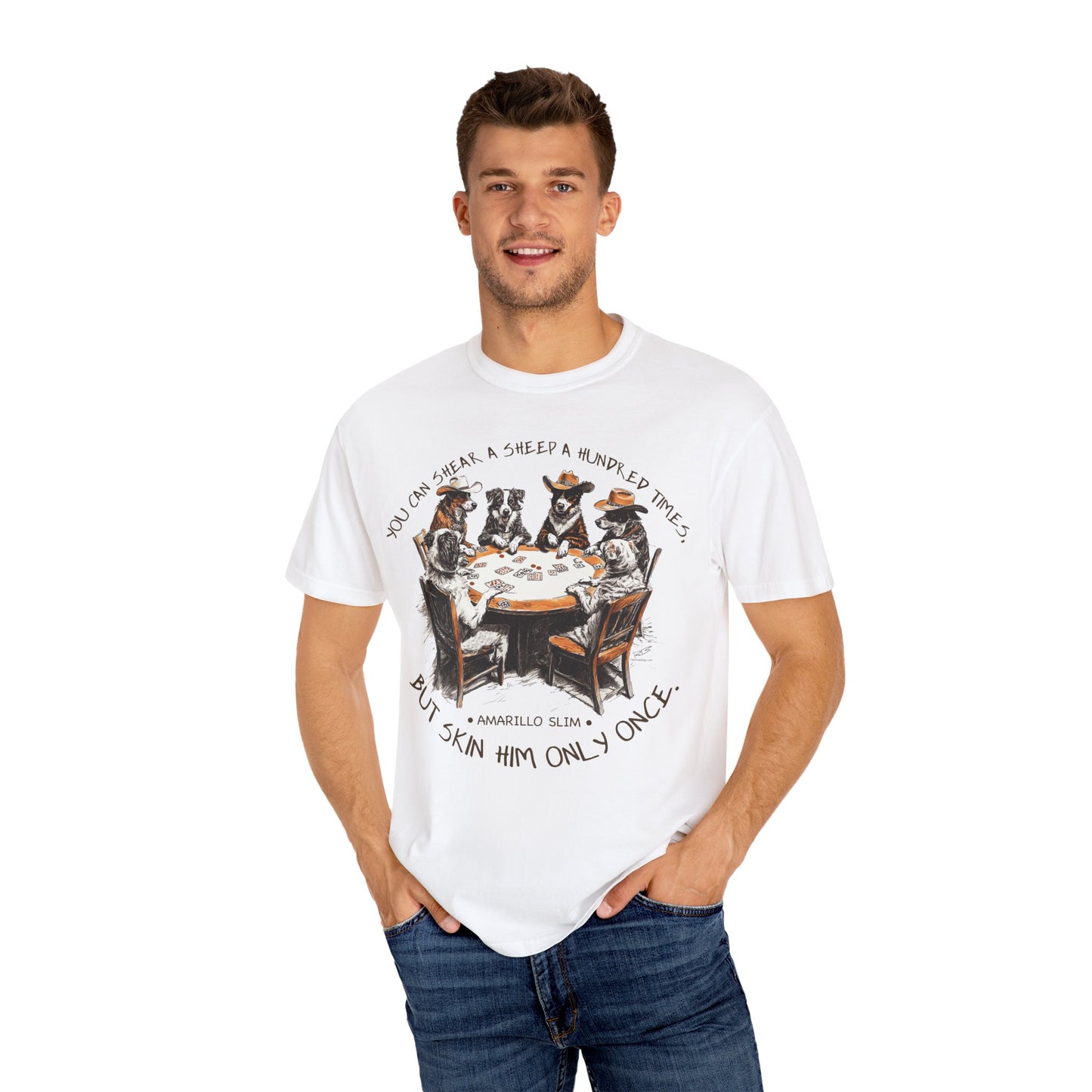 T-shirt with Poker Player Amarillo Slim Quote and Dogs Playing Cards Design