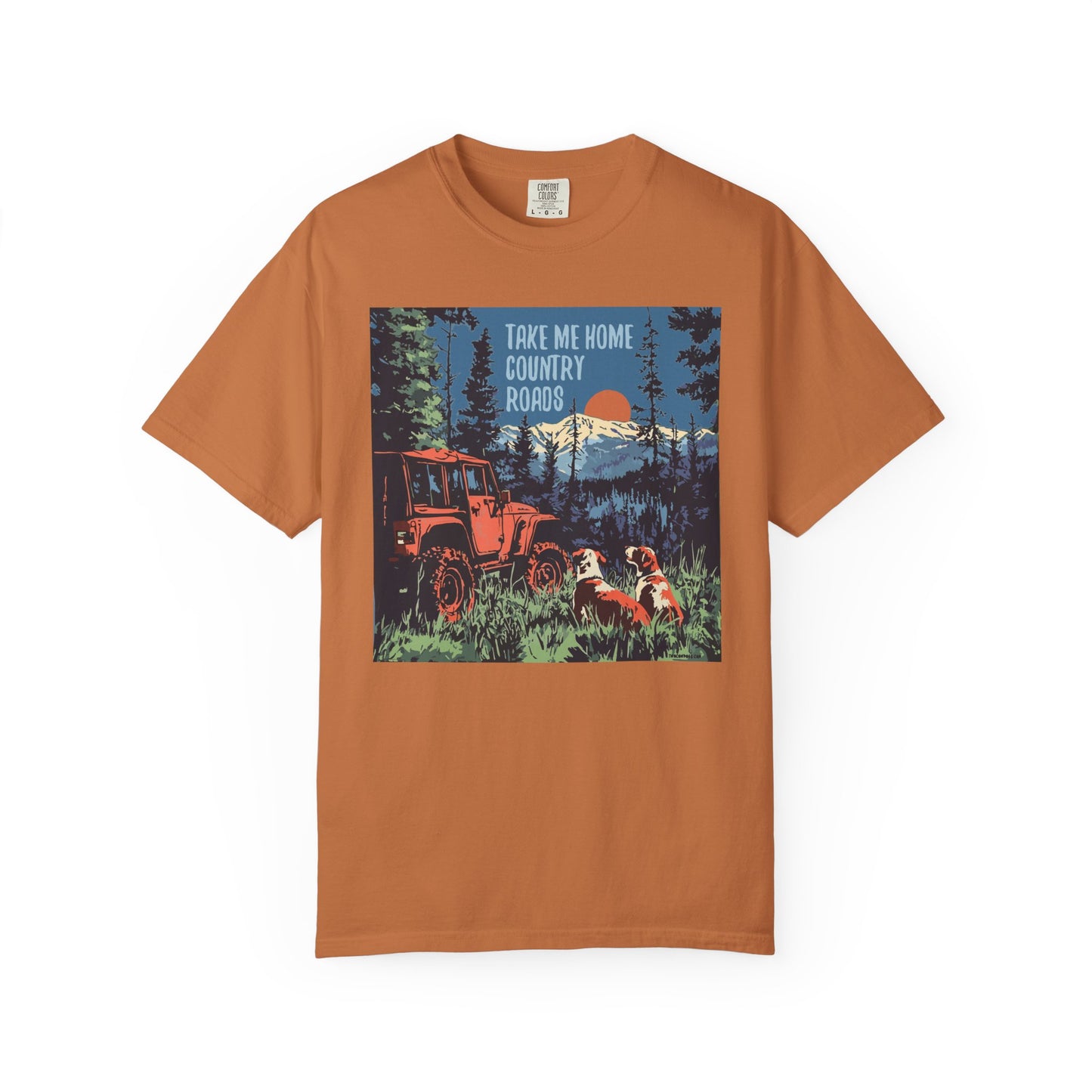Country Roads Unisex T-Shirt, Dogs and Jeep Design