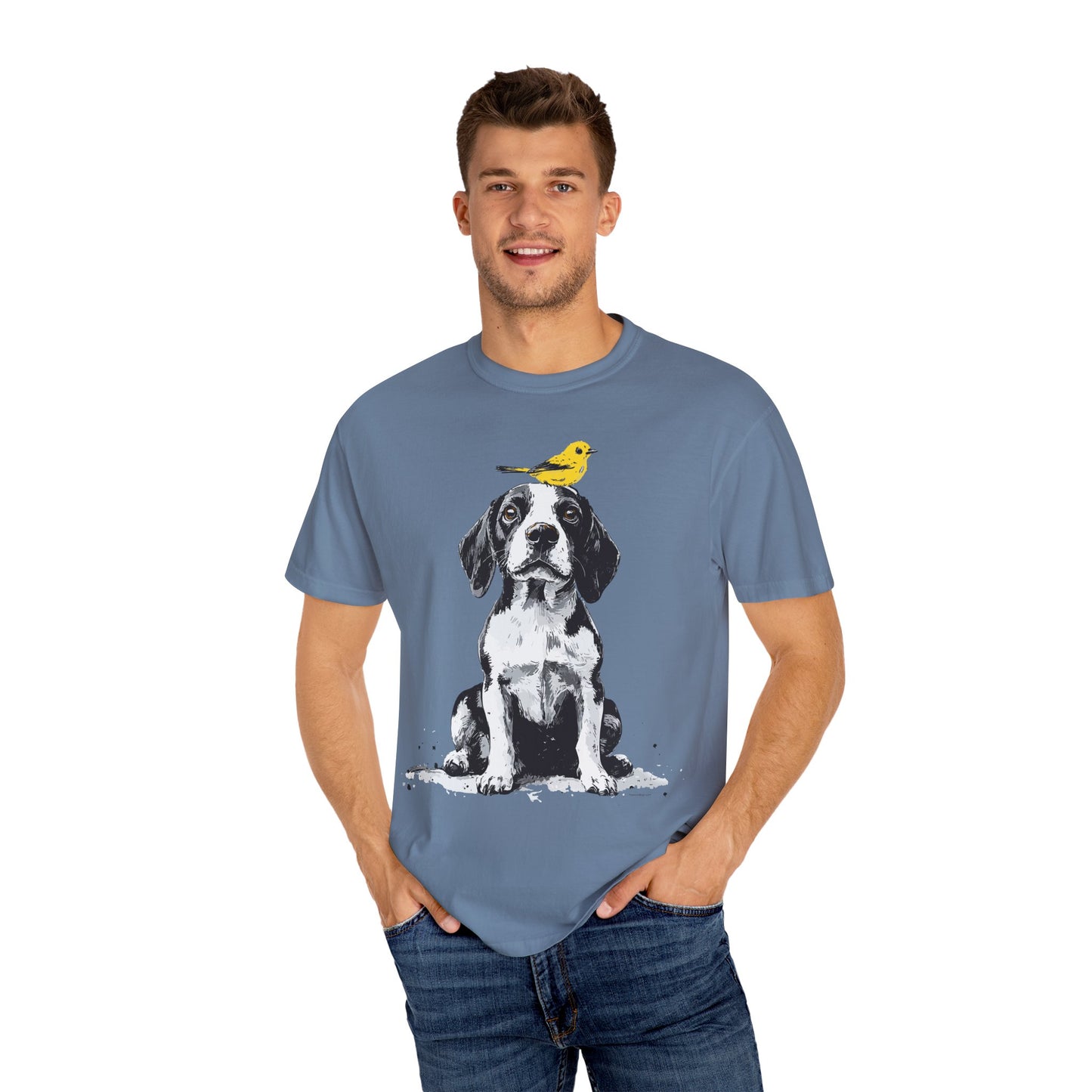 Beagle and Yellow Bird Unisex T-shirt - Extra Soft Fabric