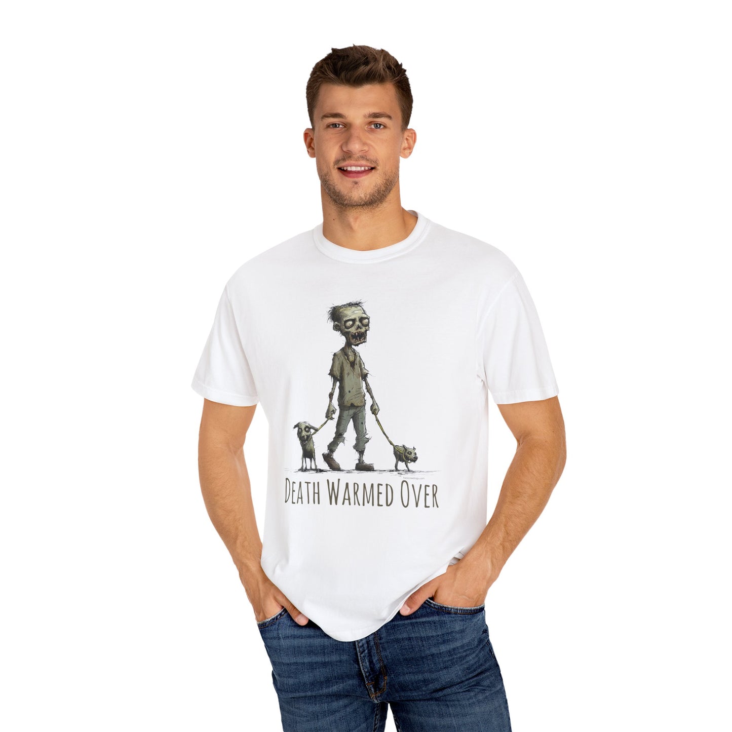 Zombie and his Dogs Unisex T-shirt, Death Warmed Over Design