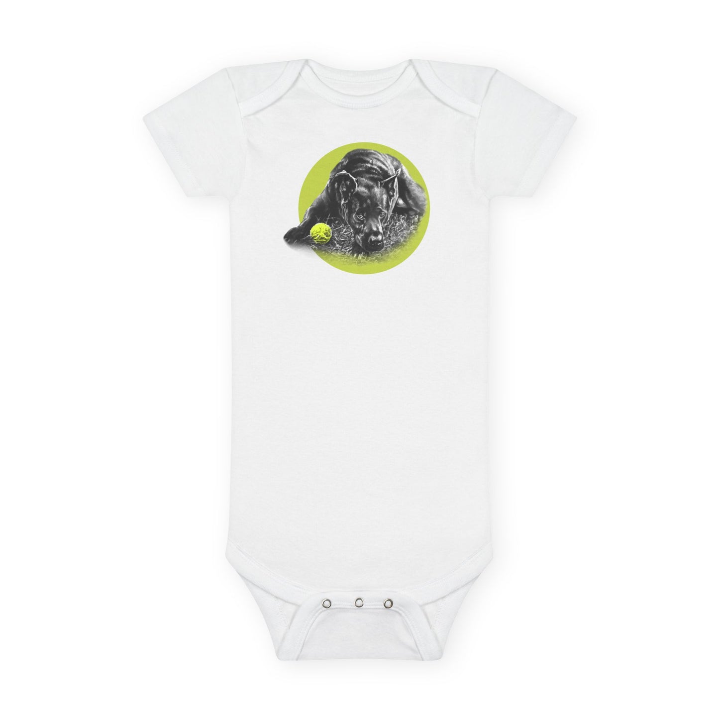 Baby Onesie - Yellow Ball, Black Dog Short Sleeve