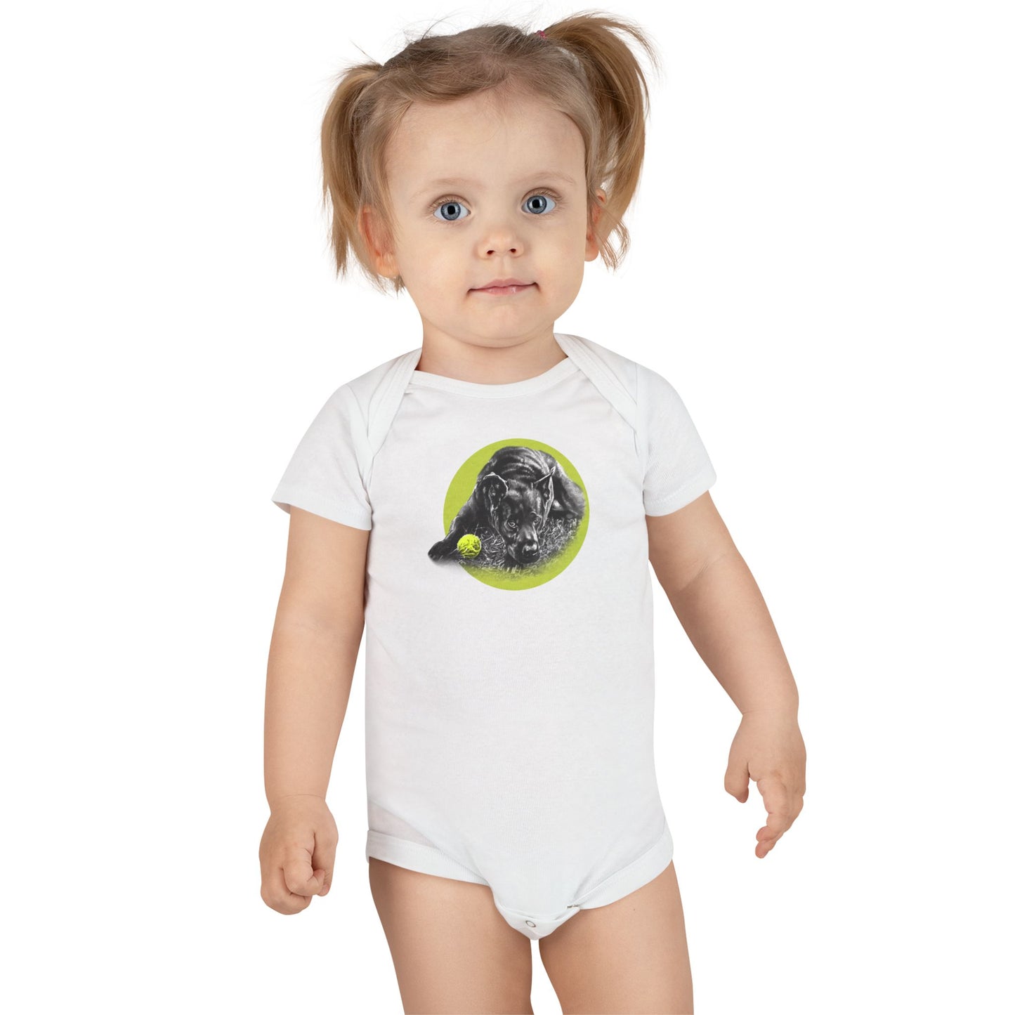 Baby Onesie - Yellow Ball, Black Dog Short Sleeve