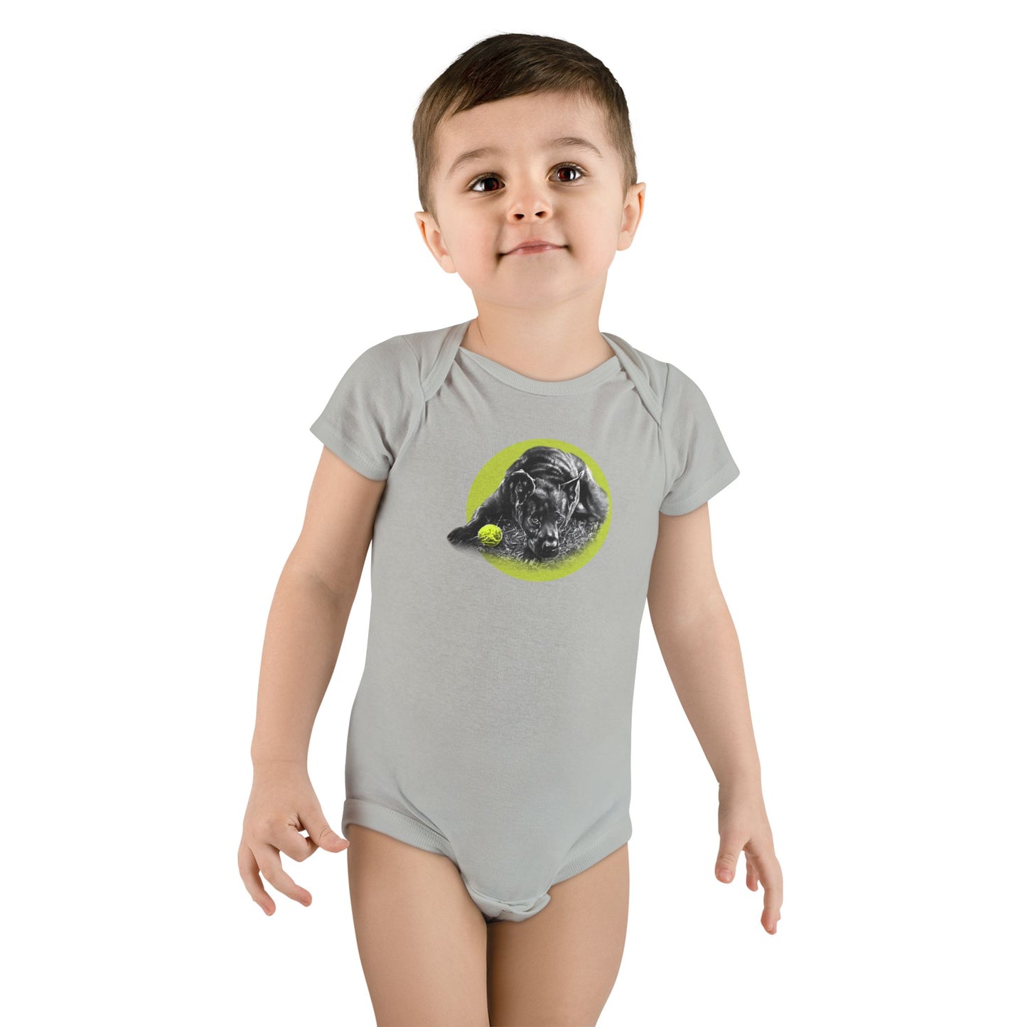 Baby Onesie - Yellow Ball, Black Dog Short Sleeve