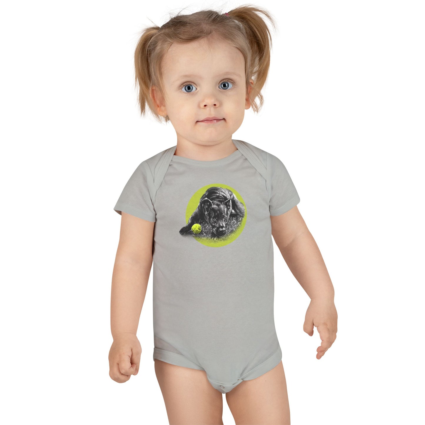 Baby Onesie - Yellow Ball, Black Dog Short Sleeve
