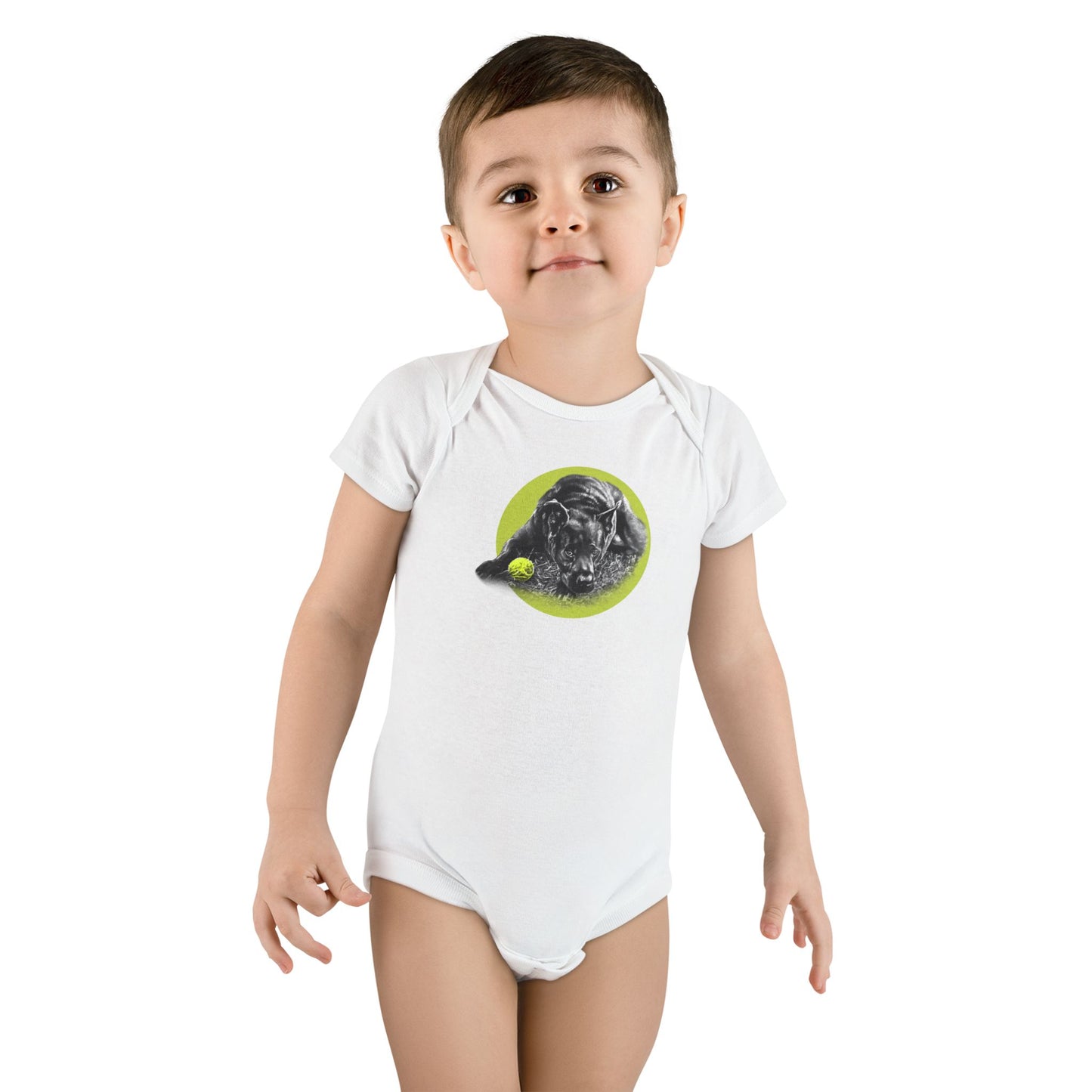 Baby Onesie - Yellow Ball, Black Dog Short Sleeve