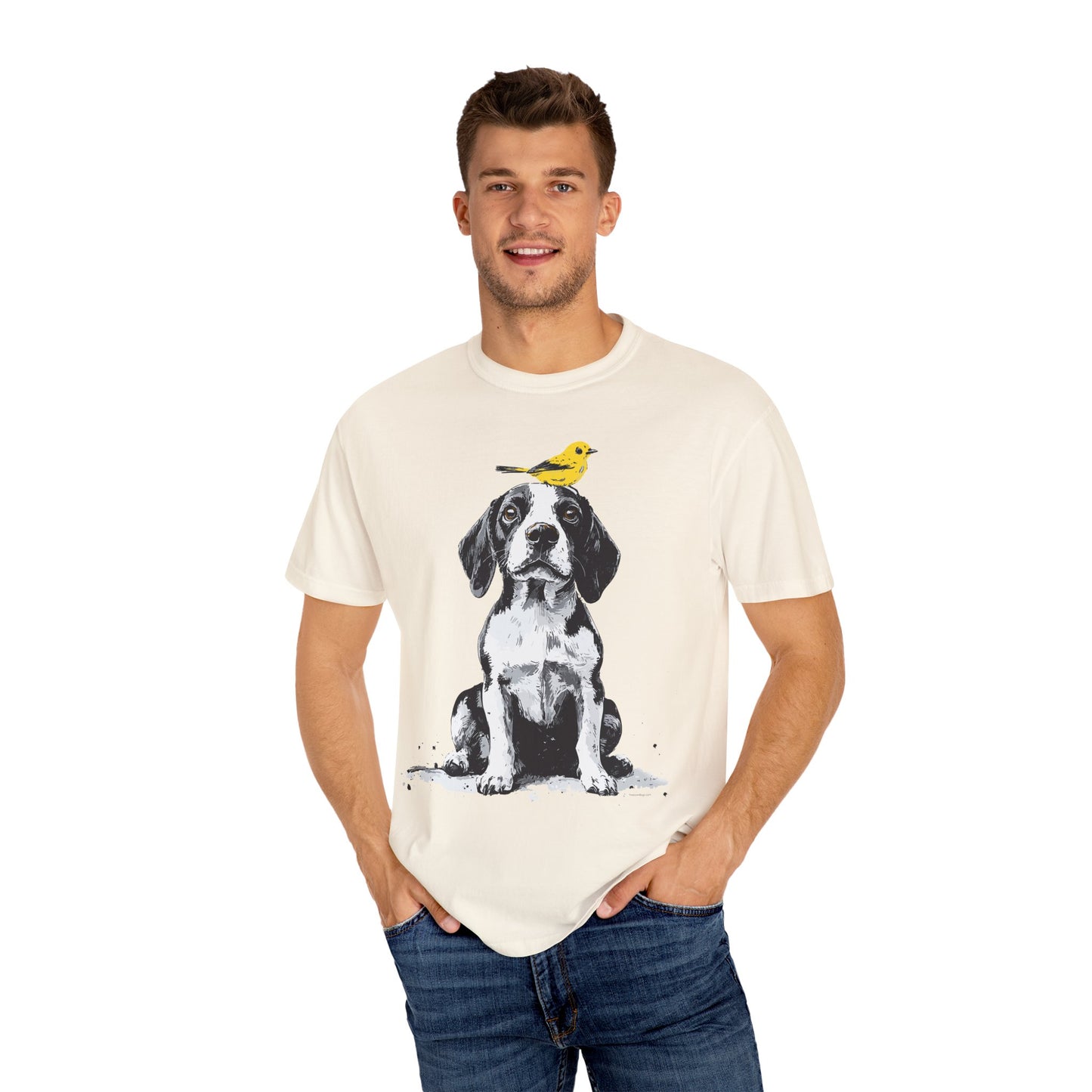 Beagle and Yellow Bird Unisex T-shirt - Extra Soft Fabric