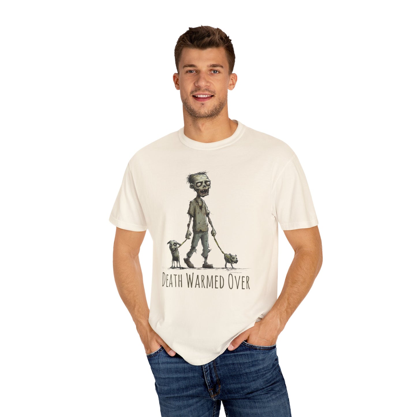 Zombie and his Dogs Unisex T-shirt, Death Warmed Over Design