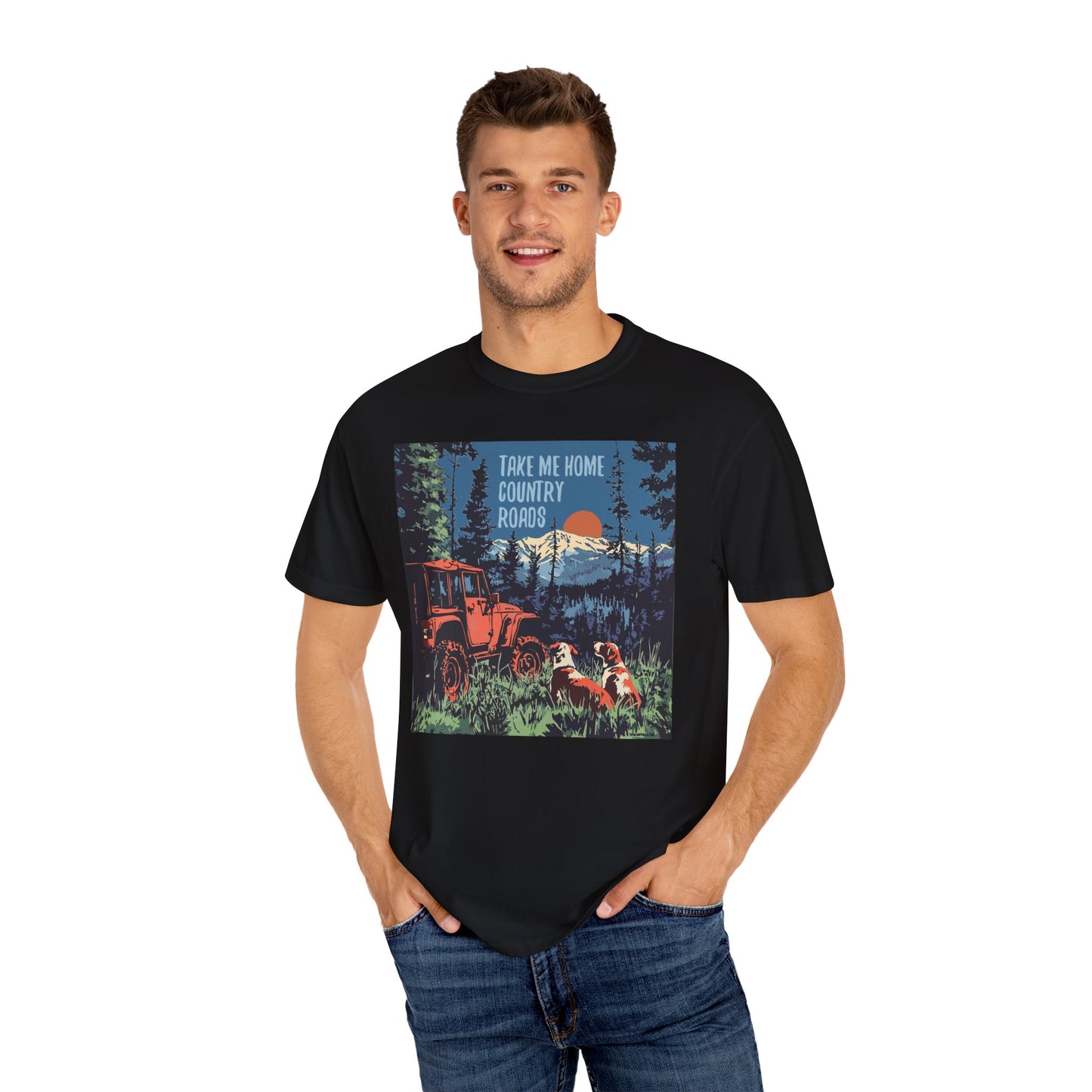 Country Roads Unisex T-Shirt, Dogs and Jeep Design