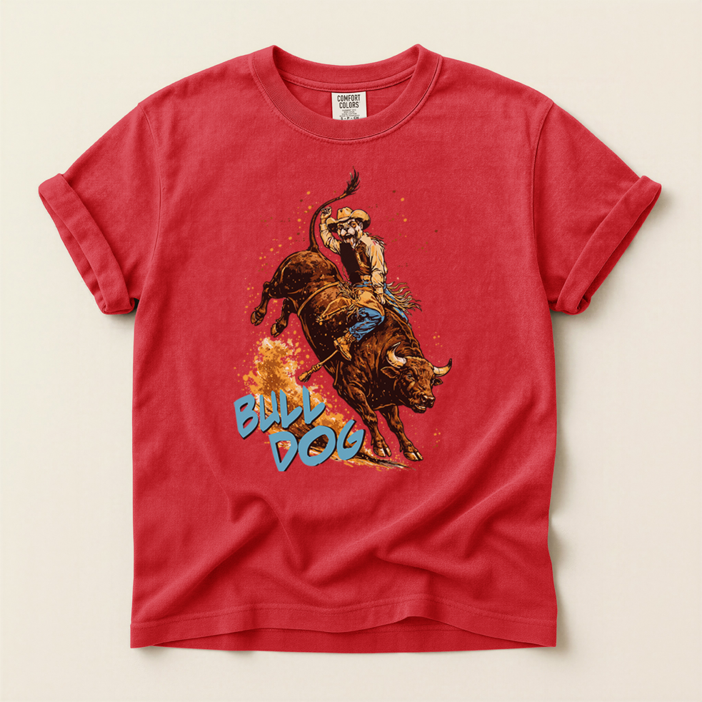Bull-dog Rodeo T-Shirt — Bulldog Riding Bucking Bull