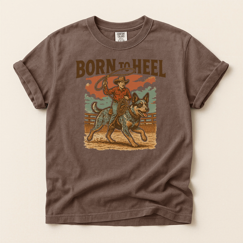 Born to Heel Heeler T-Shirt — Heeler Riding a Heeler Dog