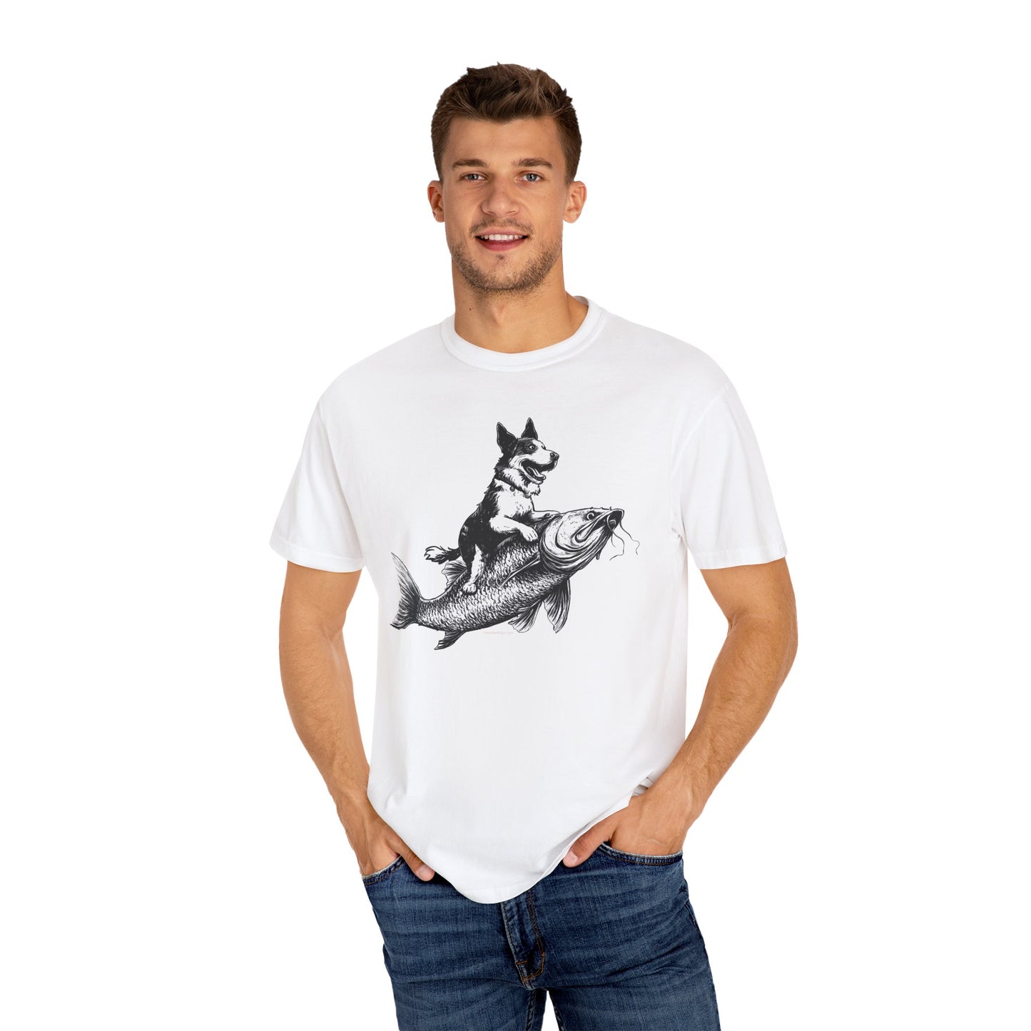 Dog Riding Fish T-shirt - Fun Animal Graphic Tee