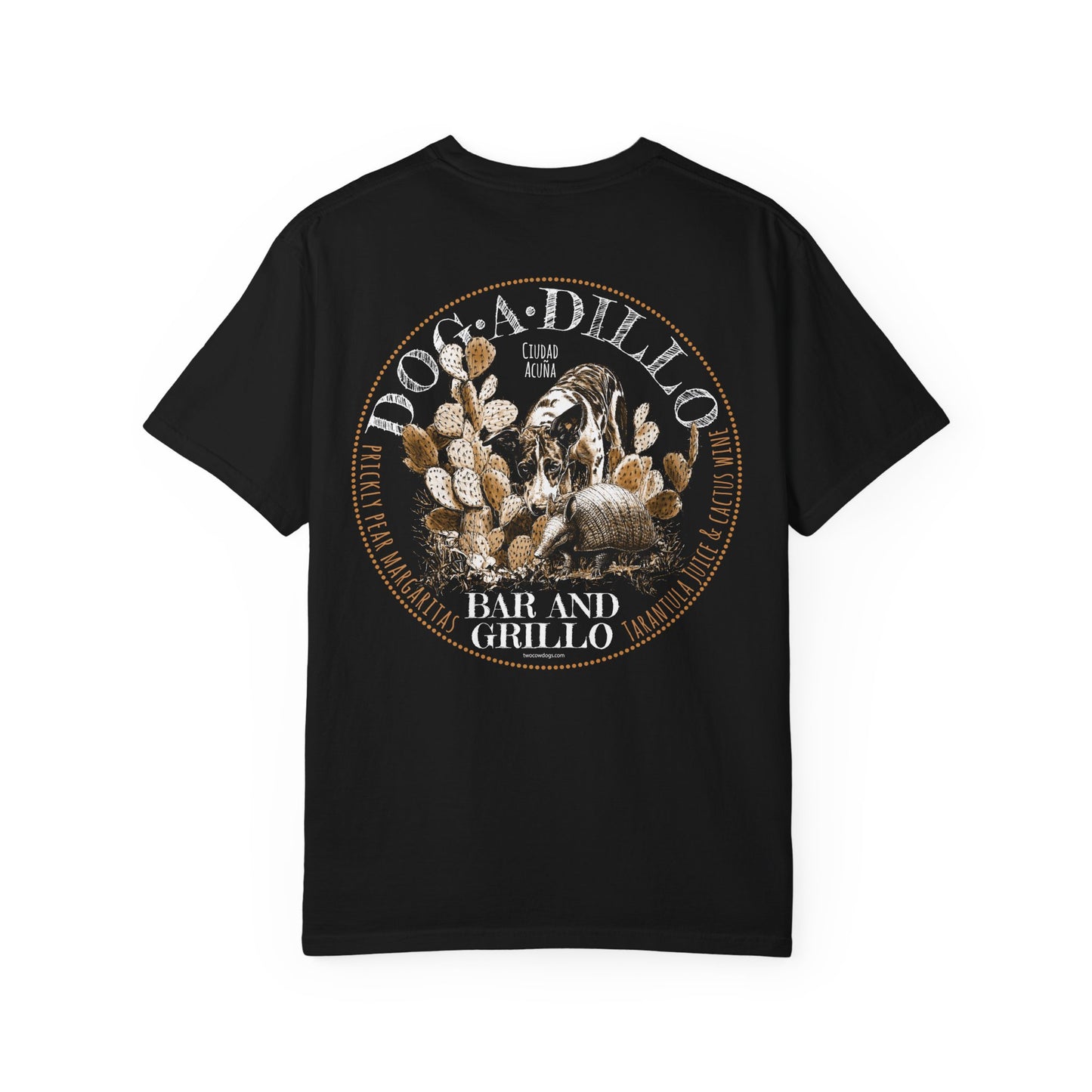Dog-A-Dillo Armadillo Bar and Grillo T-Shirt, front and back