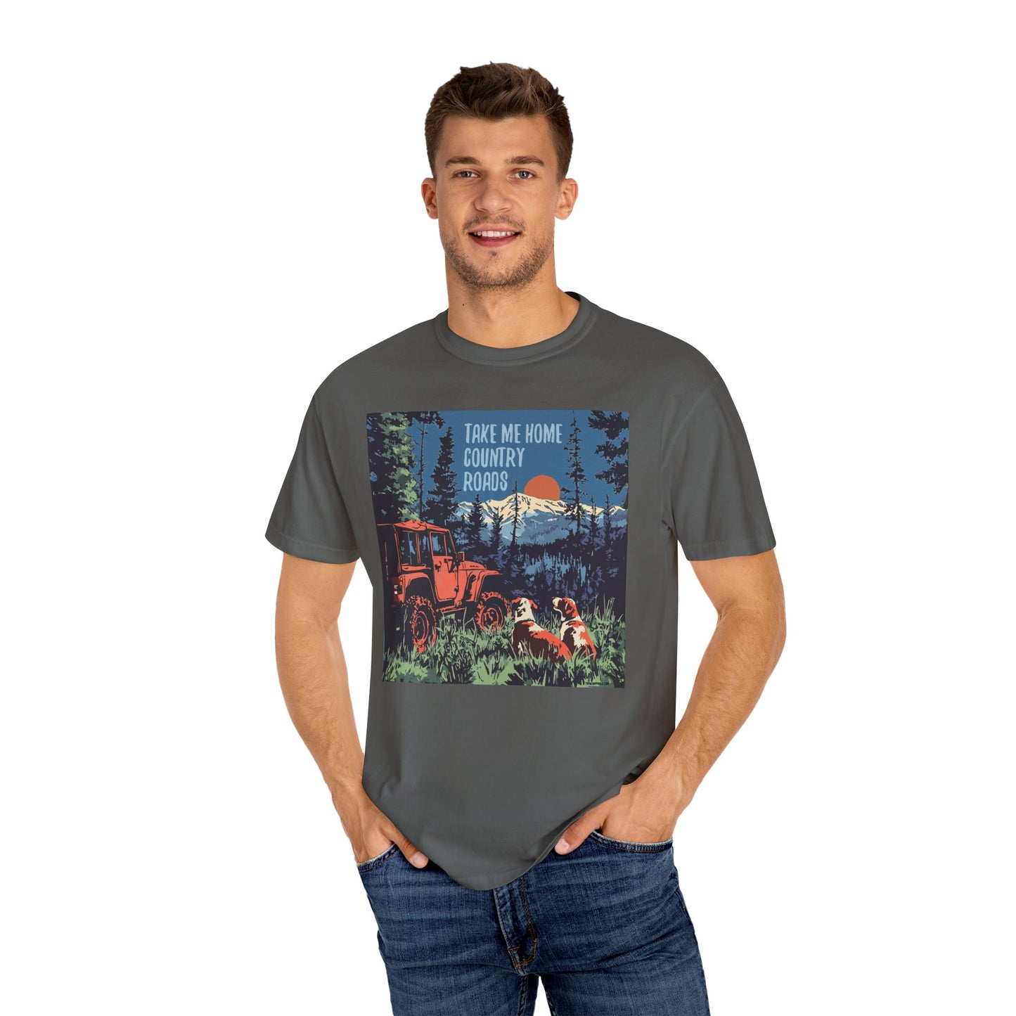 Country Roads Unisex T-Shirt, Dogs and Jeep Design