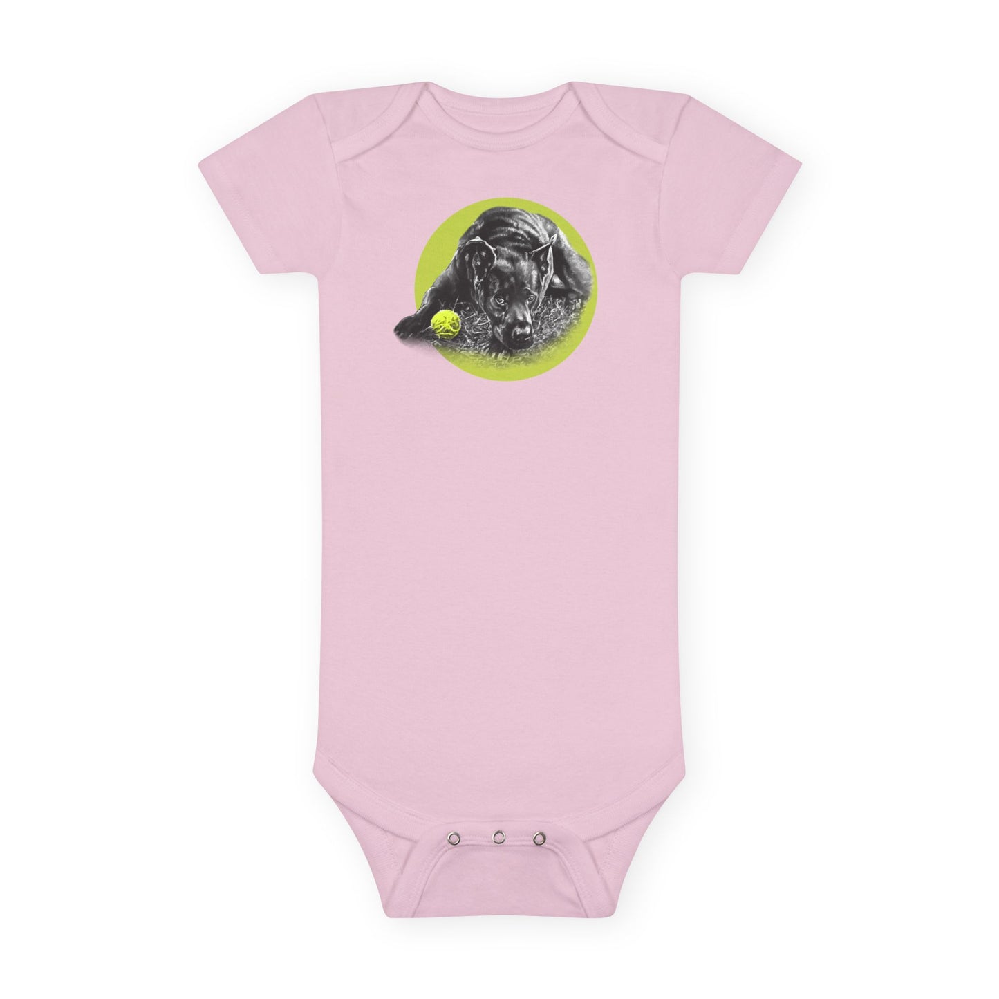 Baby Onesie - Yellow Ball, Black Dog Short Sleeve