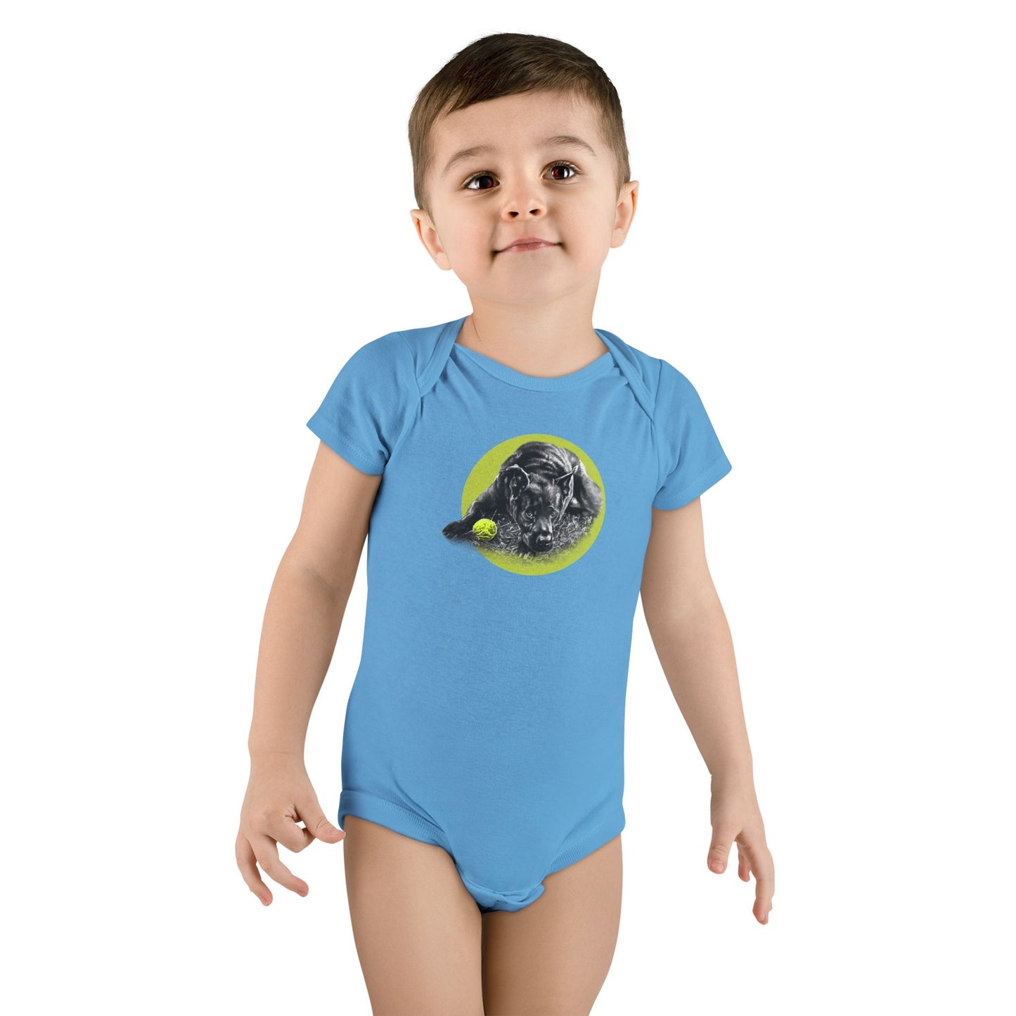 Baby Onesie - Yellow Ball, Black Dog Short Sleeve