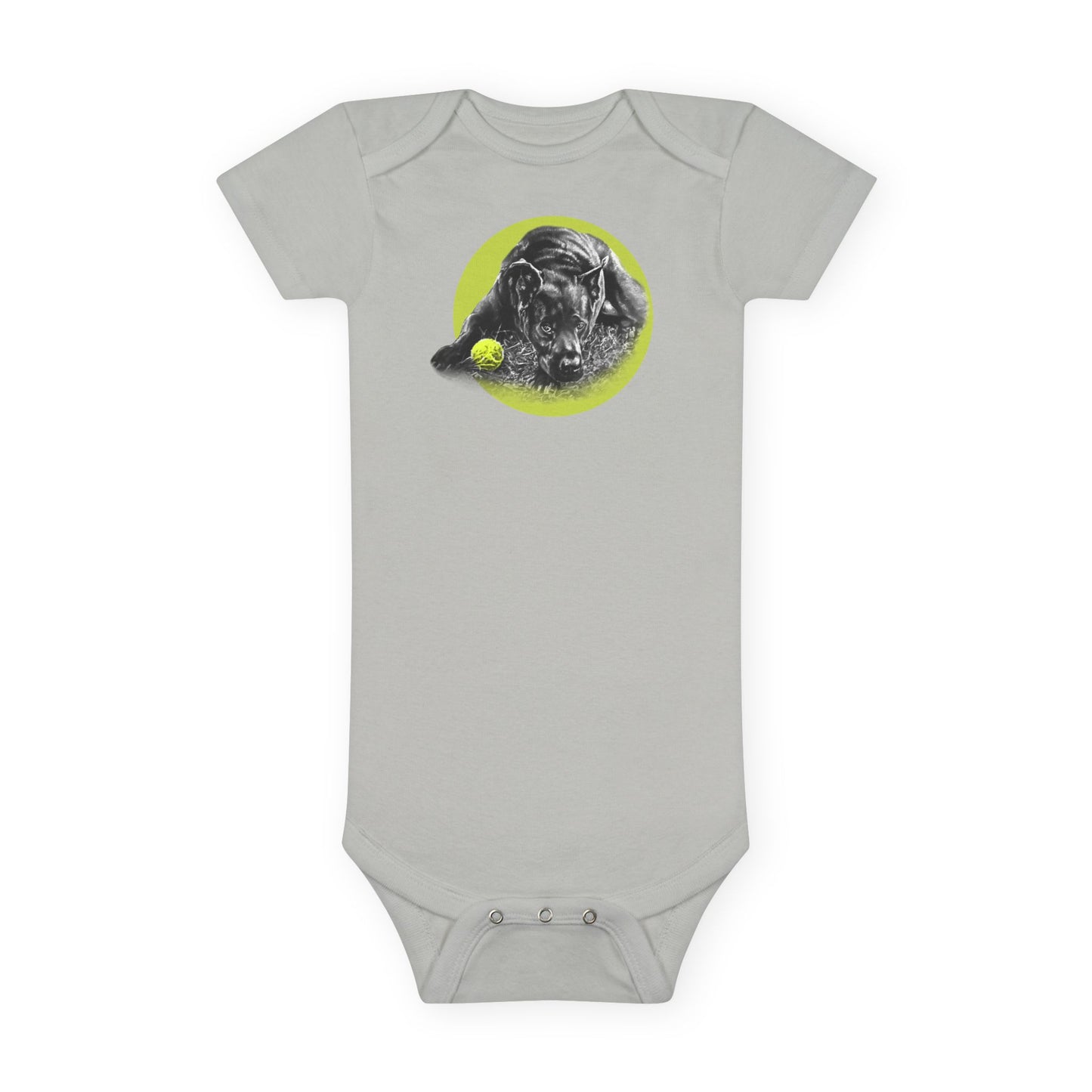 Baby Onesie - Yellow Ball, Black Dog Short Sleeve