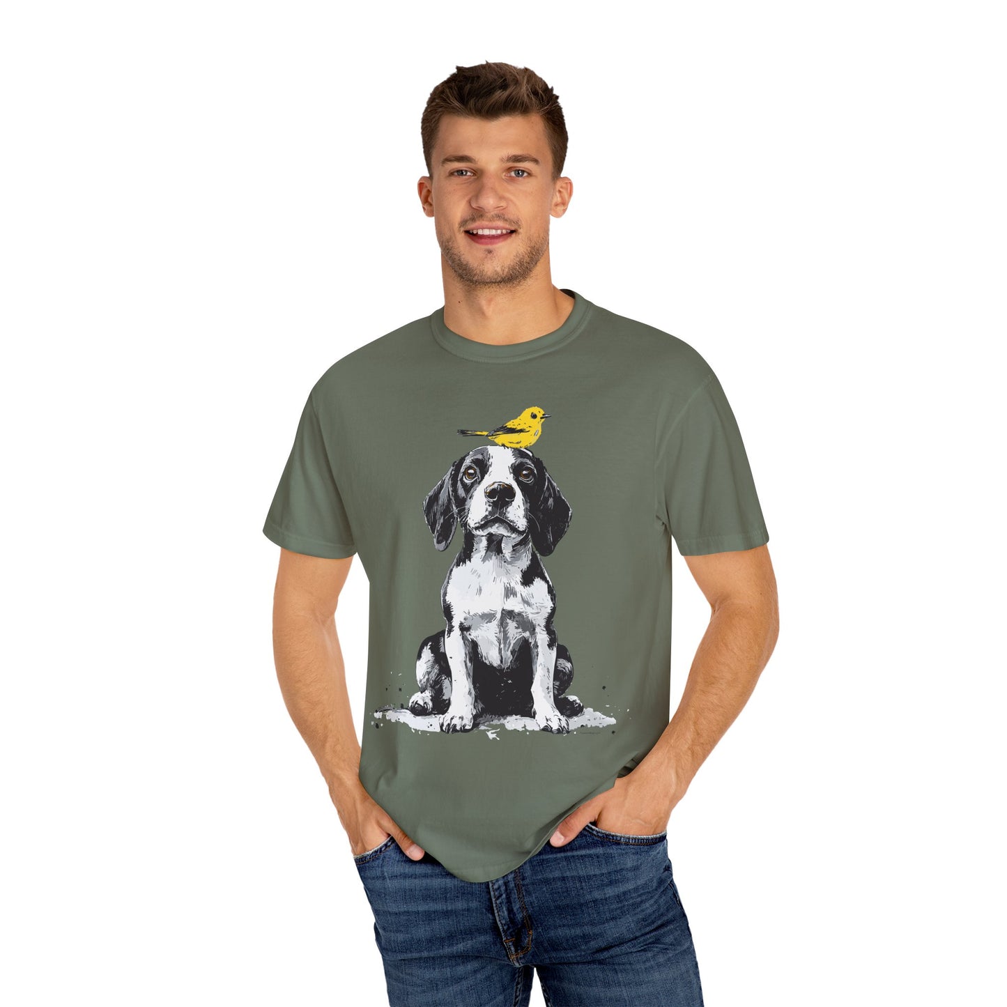 Beagle and Yellow Bird Unisex T-shirt - Extra Soft Fabric