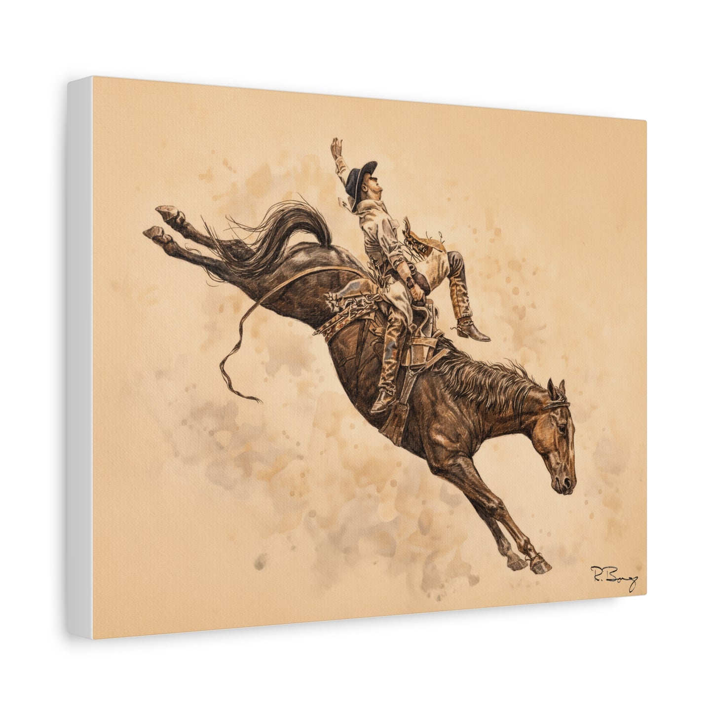 Bareback Rodeo Stretched Canvas Art — Watercolor & Pencil Western Wall Decor