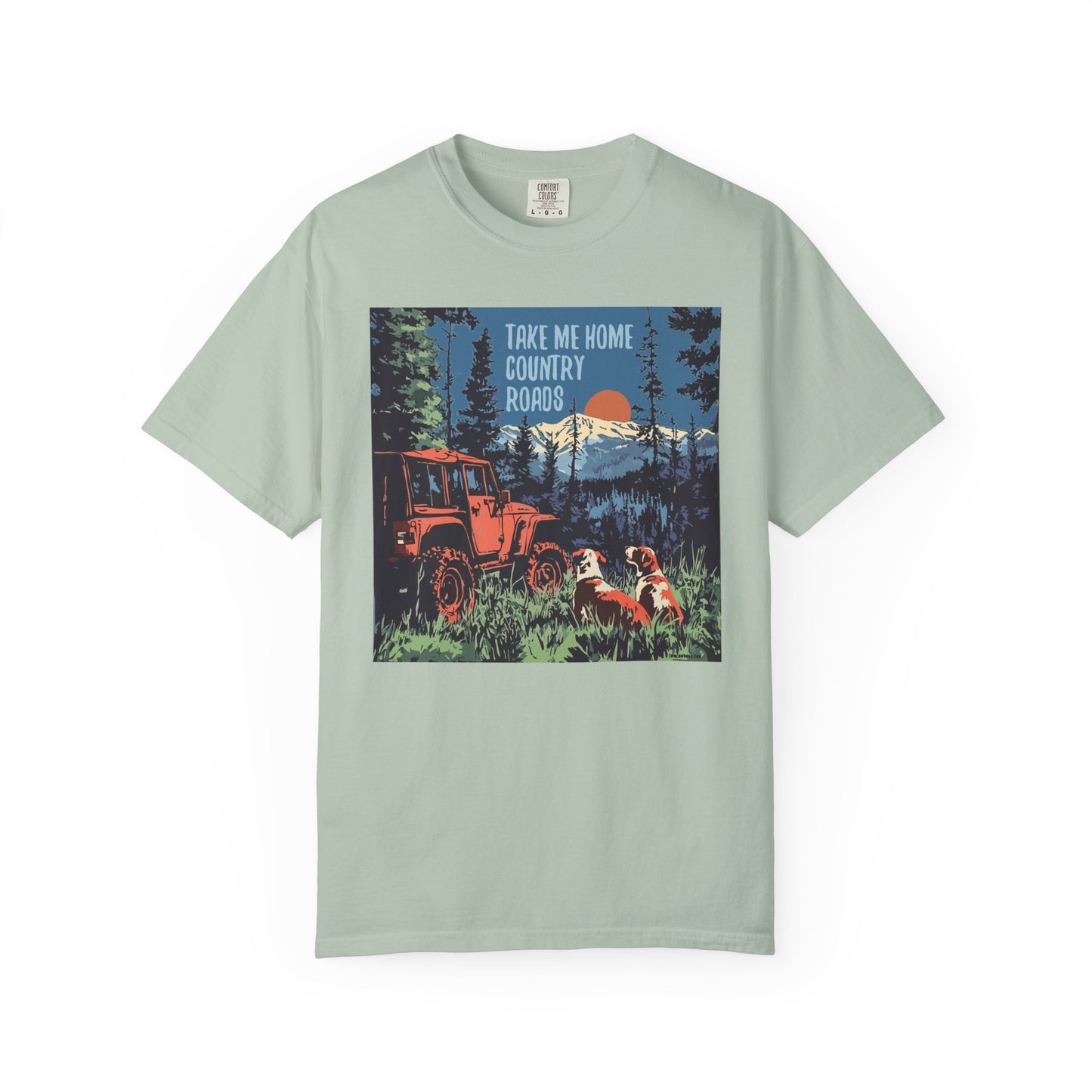 Country Roads Unisex T-Shirt, Dogs and Jeep Design