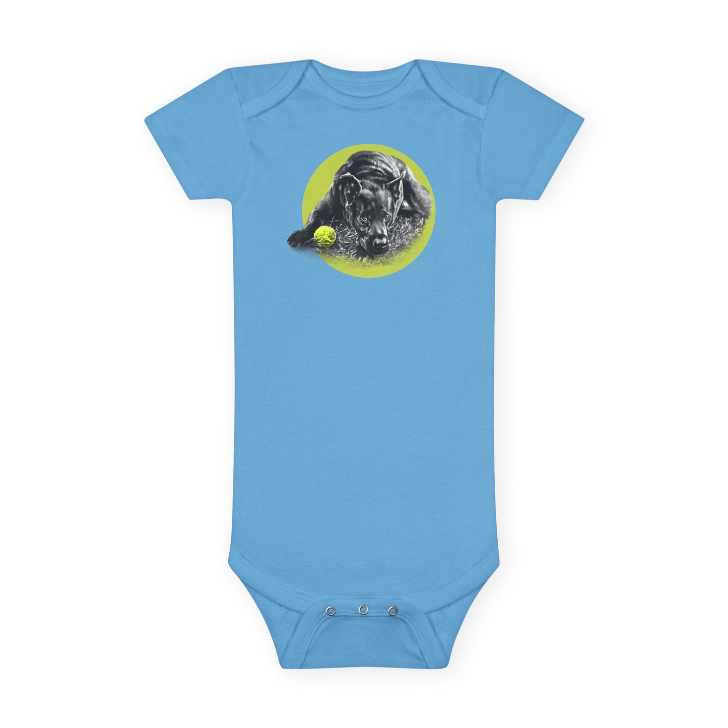 Baby Onesie - Yellow Ball, Black Dog Short Sleeve