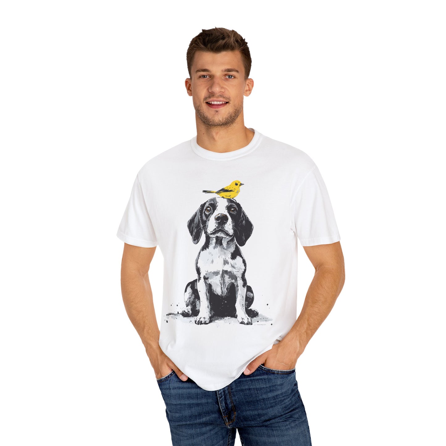 Beagle and Yellow Bird Unisex T-shirt - Extra Soft Fabric
