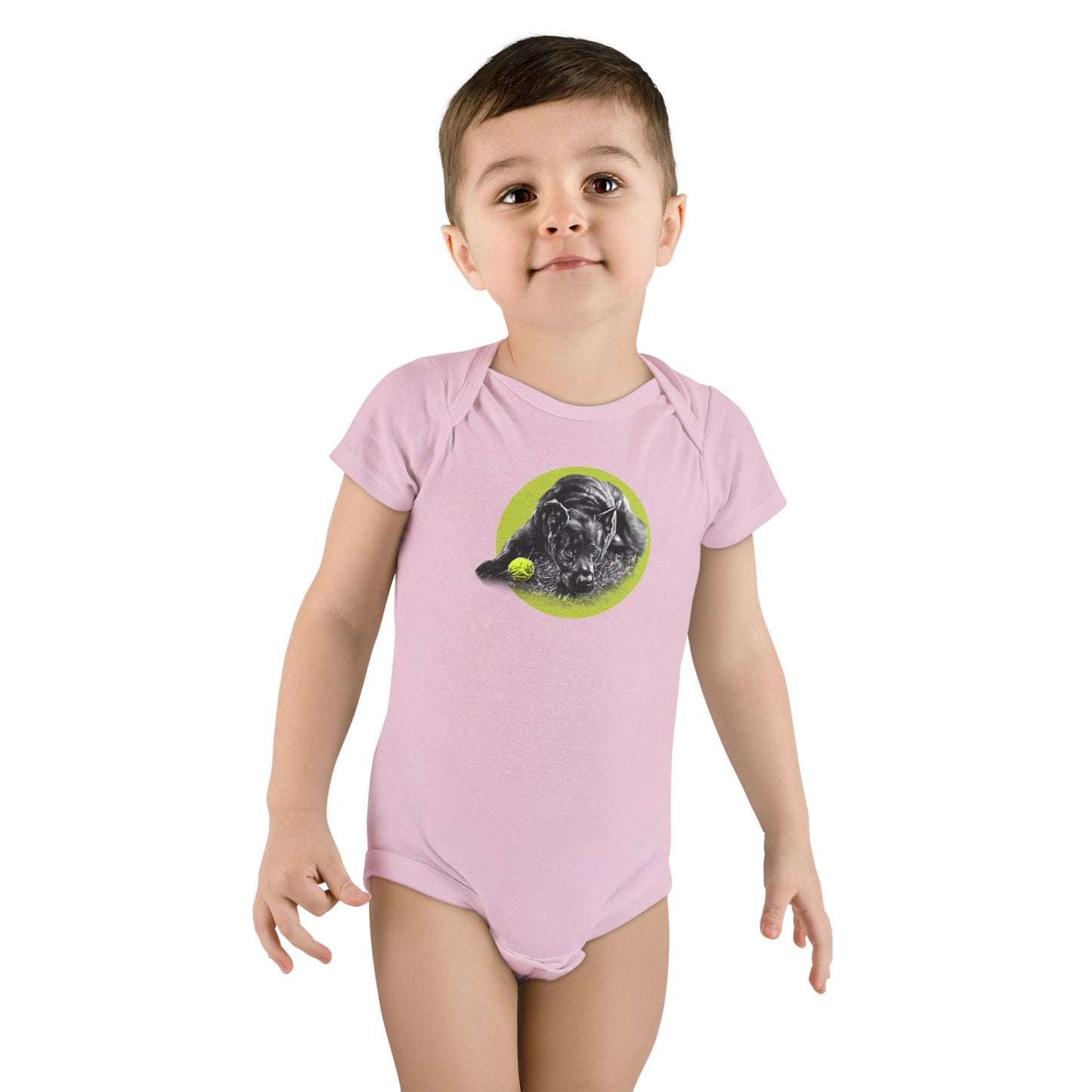 Baby Onesie - Yellow Ball, Black Dog Short Sleeve