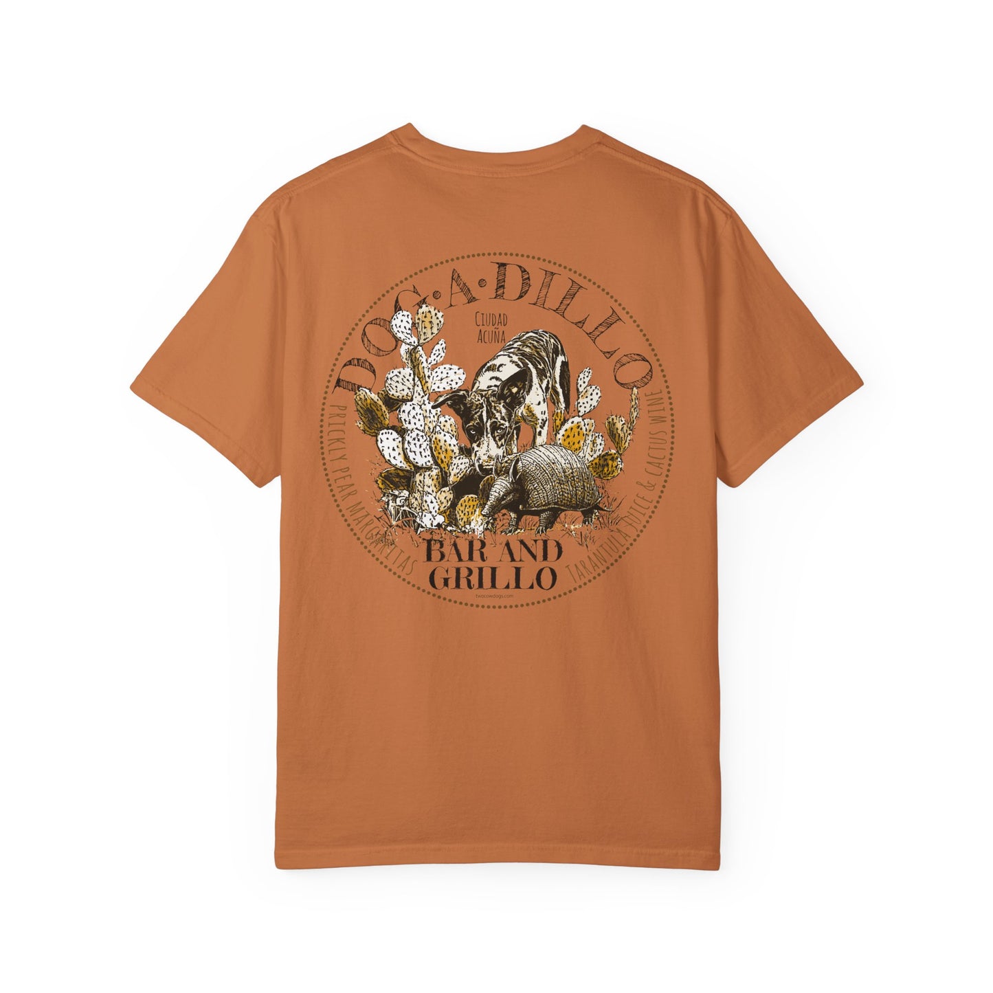 Dog-A-Dillo Armadillo Bar and Grillo T-Shirt, front and back