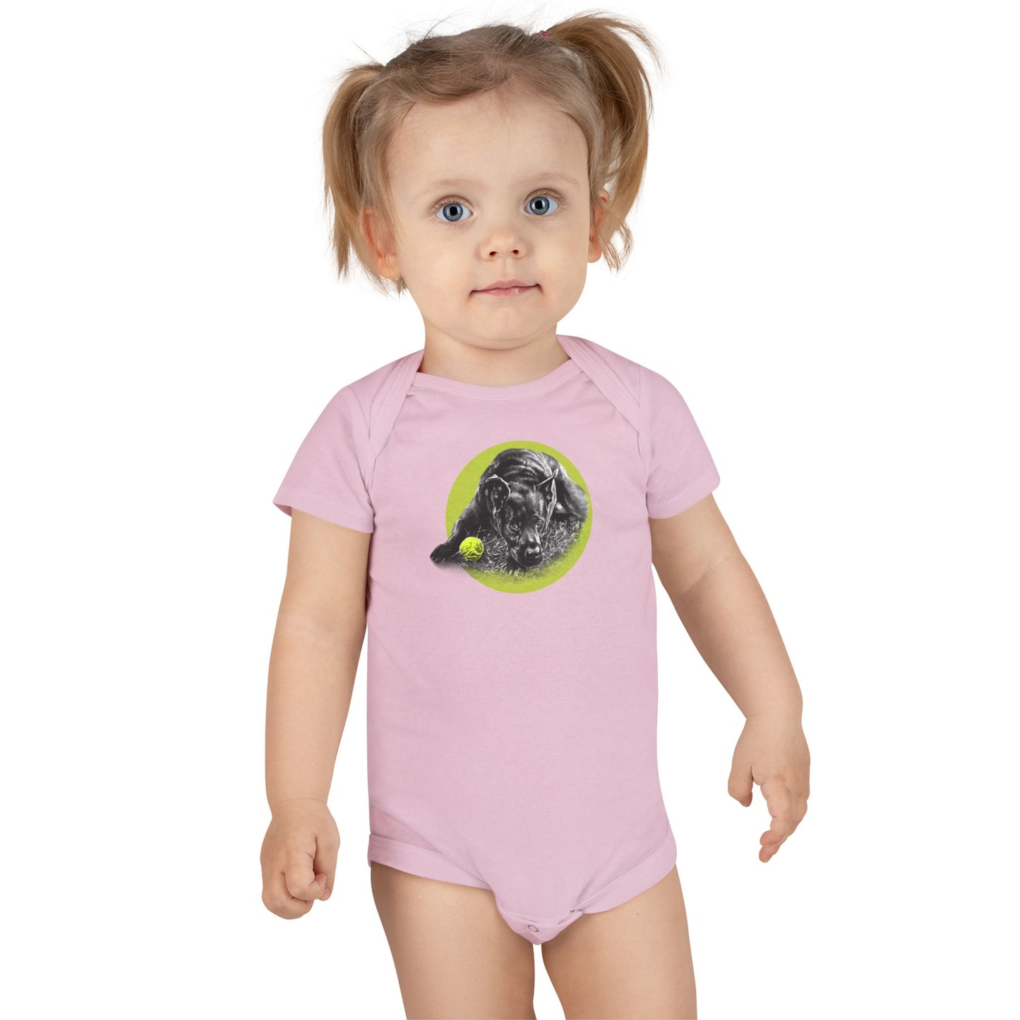 Baby Onesie - Yellow Ball, Black Dog Short Sleeve