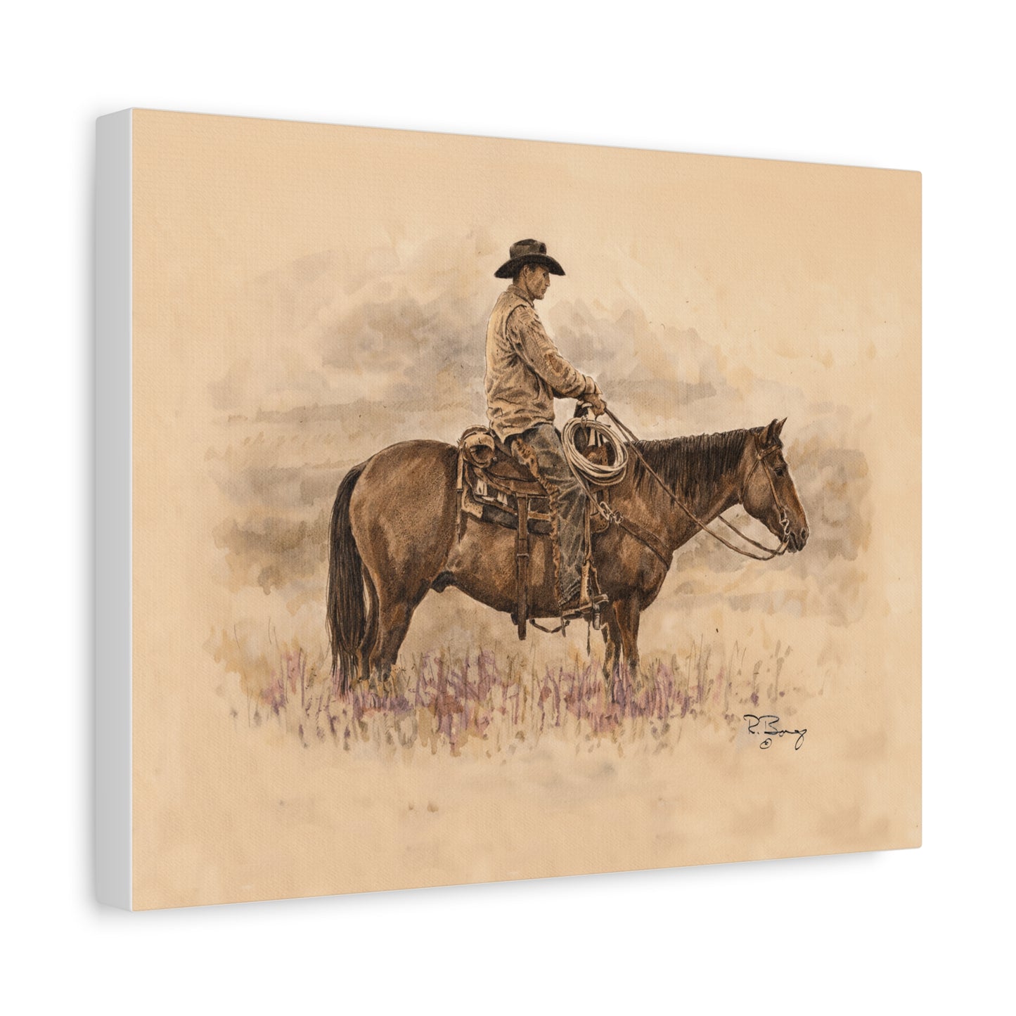 "Ready" Cowboy & Horse Watercolor Pencil Stretched Canvas