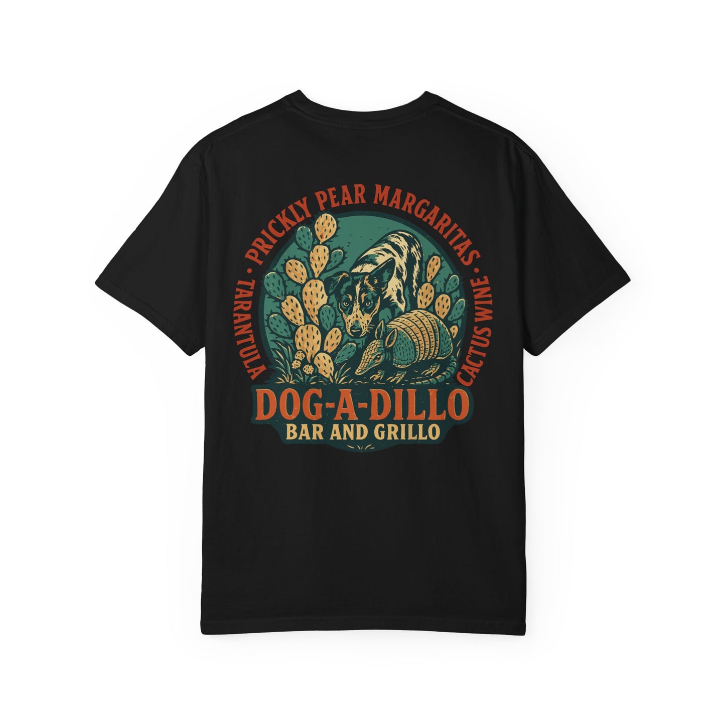 Dog-A-Dillo Armadillo Bar and Grillo T-Shirt, front and back