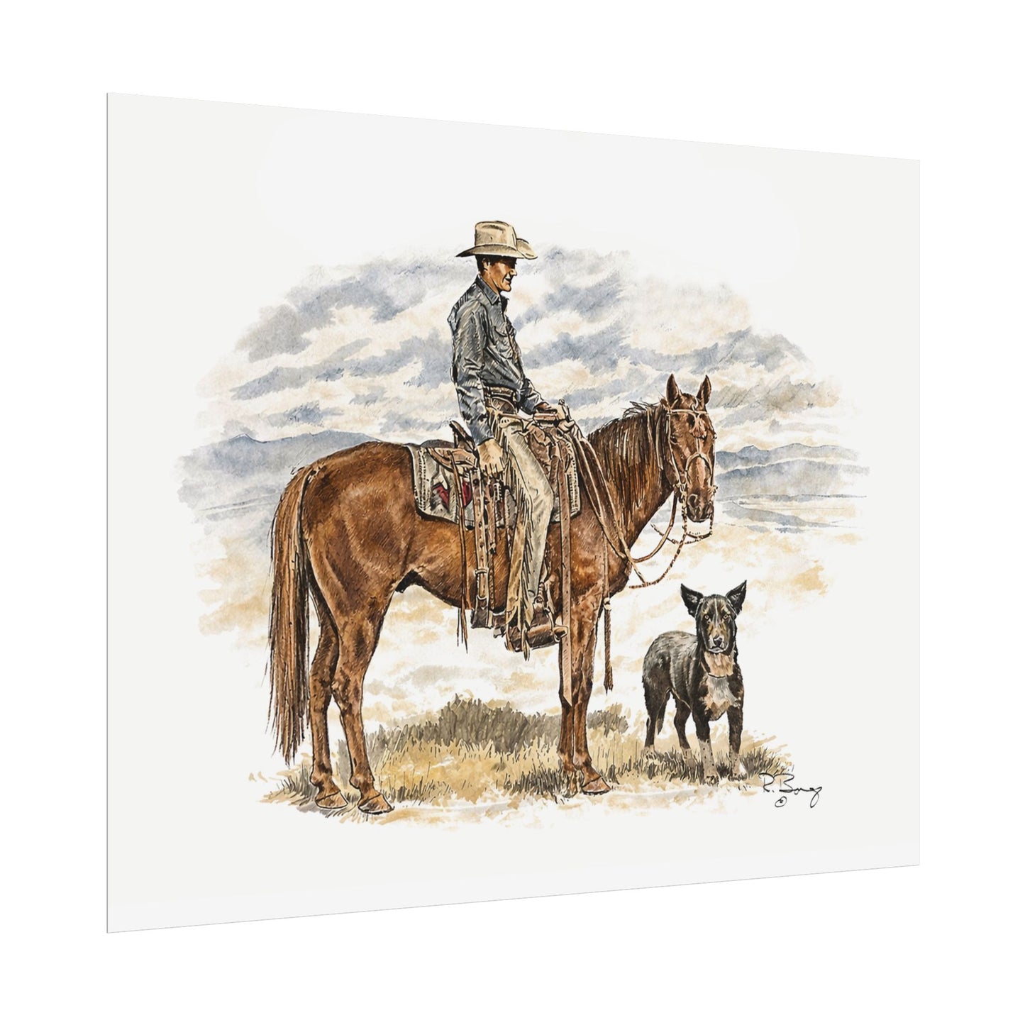 Cowboy, Horse and Dog Print on Fine Art Paper