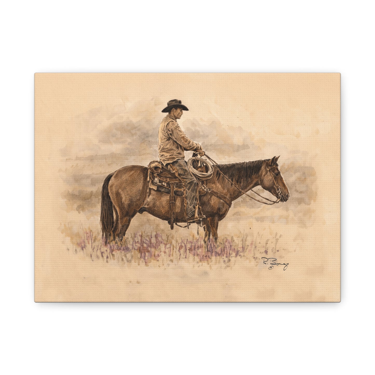 "Ready" Cowboy & Horse Watercolor Pencil Stretched Canvas