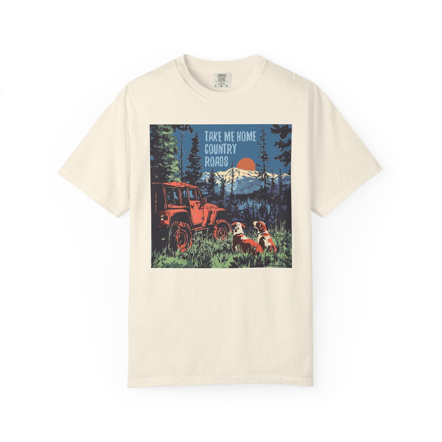 Country Roads Unisex T-Shirt, Dogs and Jeep Design