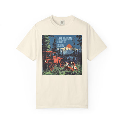 Country Roads Unisex T-Shirt, Dogs and Jeep Design