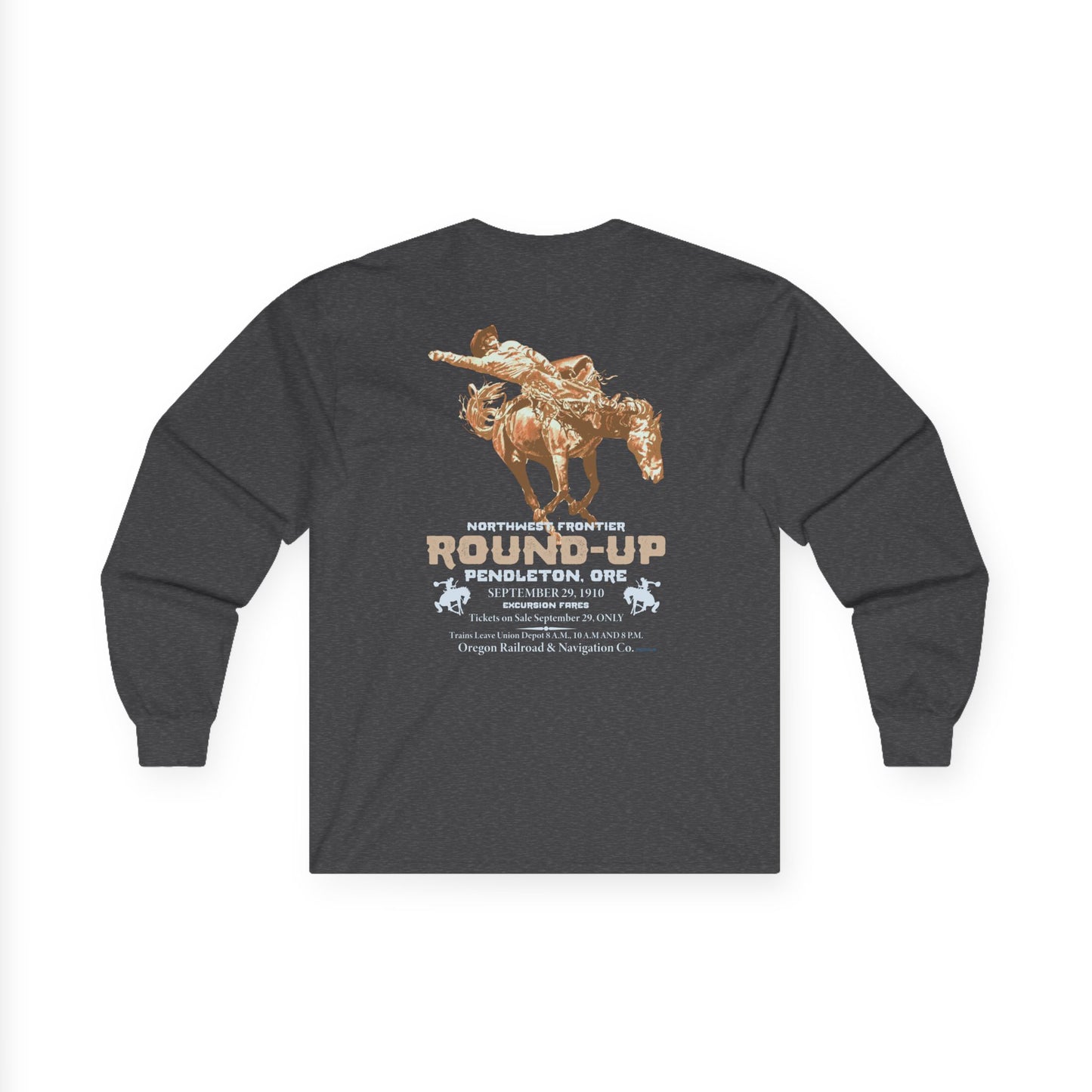 Pendleton Round‑Up 1910 Poster Long Sleeve Tee — Vintage Rodeo Bronc Rider
