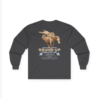 Pendleton Round‑Up 1910 Poster Long Sleeve Tee — Vintage Rodeo Bronc Rider