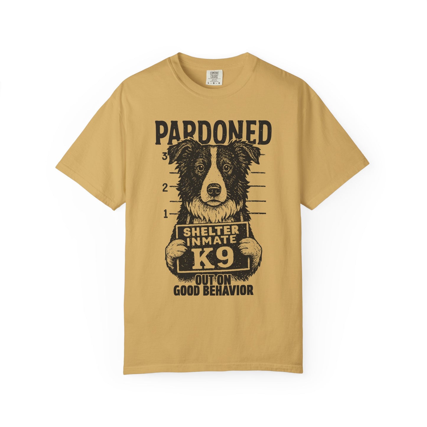 Border Collie Mugshot TShirt - PARDONED OUT ON GOOD BEHAVIOR
