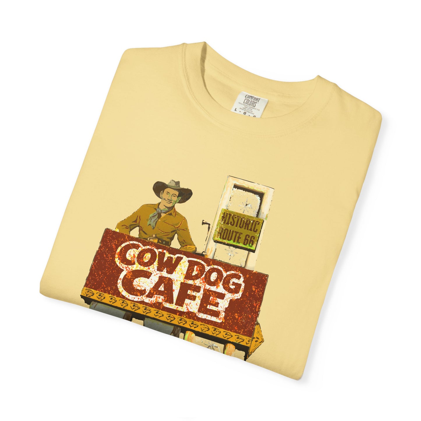 Cow Dog Cafe Vintage Roadside T-Shirt — Retro Route 66 Diner & Dog Lover Tee