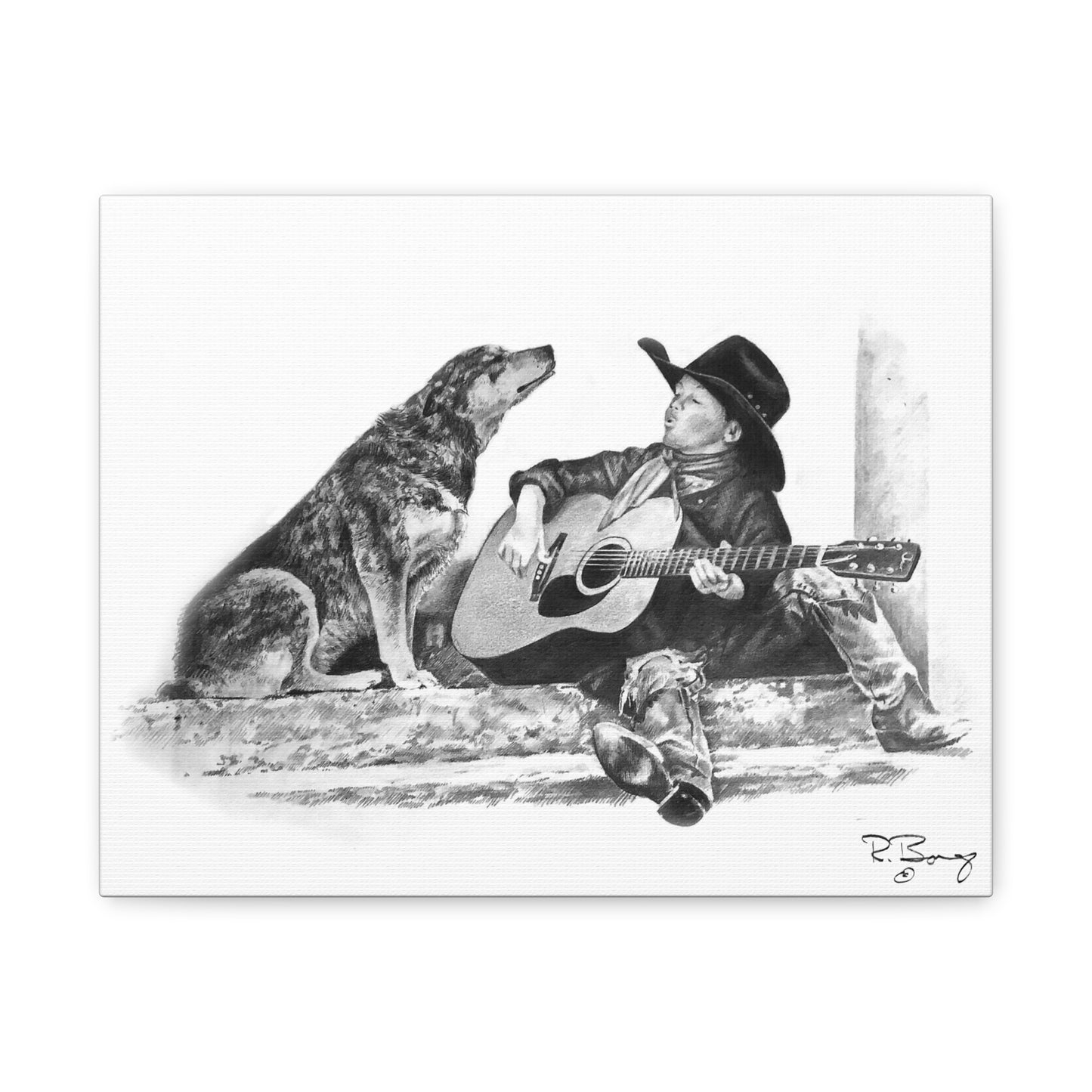Cowboy Crooners Stretched Canvas, Heeler and Little Cowboy