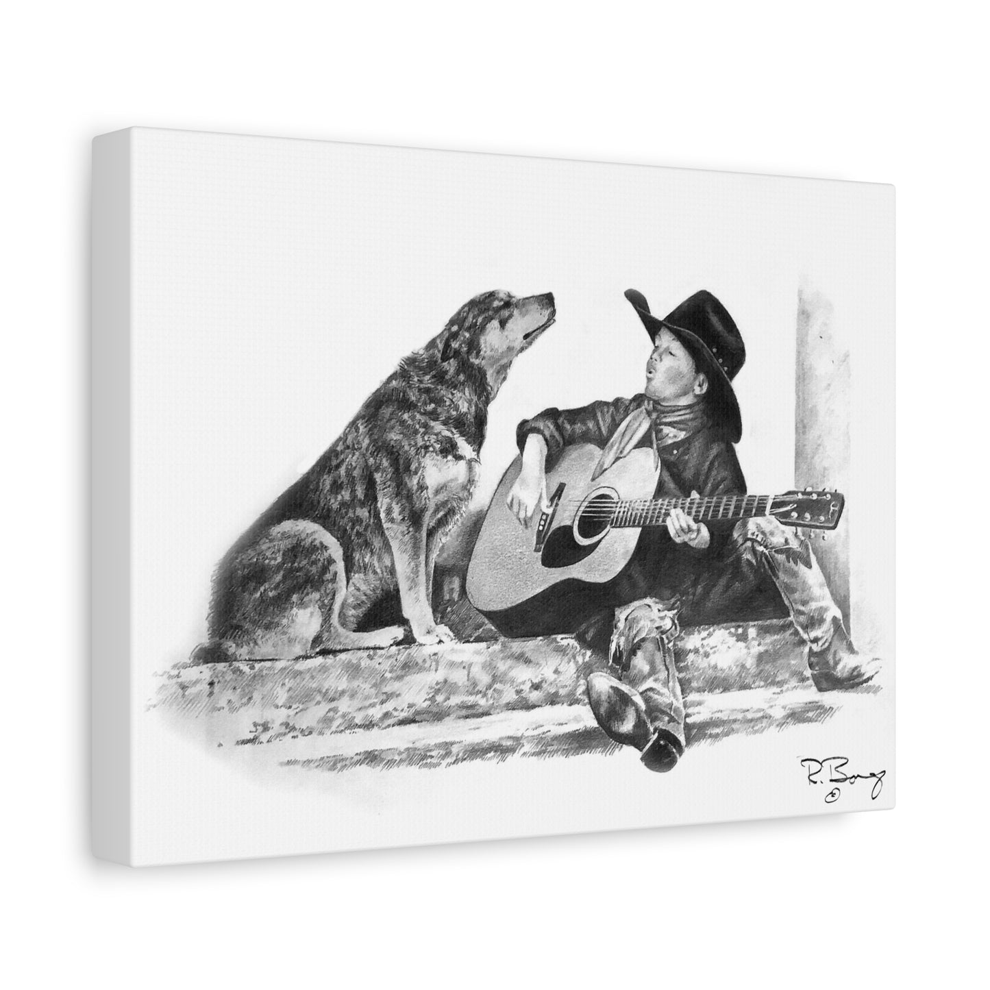 Cowboy Crooners Stretched Canvas, Heeler and Little Cowboy