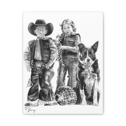 Mutton Busters and Border Collie, Custom Stretched Canvas