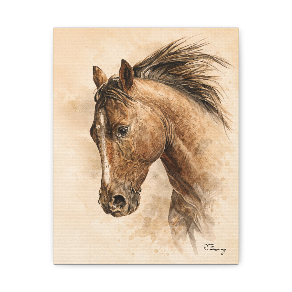 Quiet Working Horse Stretched Canvas — Graphite & Watercolor Ranch Art
