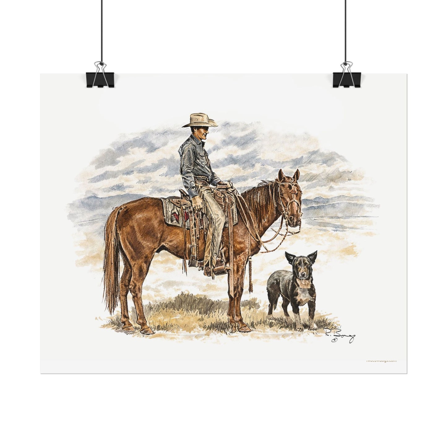 Cowboy, Horse and Dog Print on Fine Art Paper