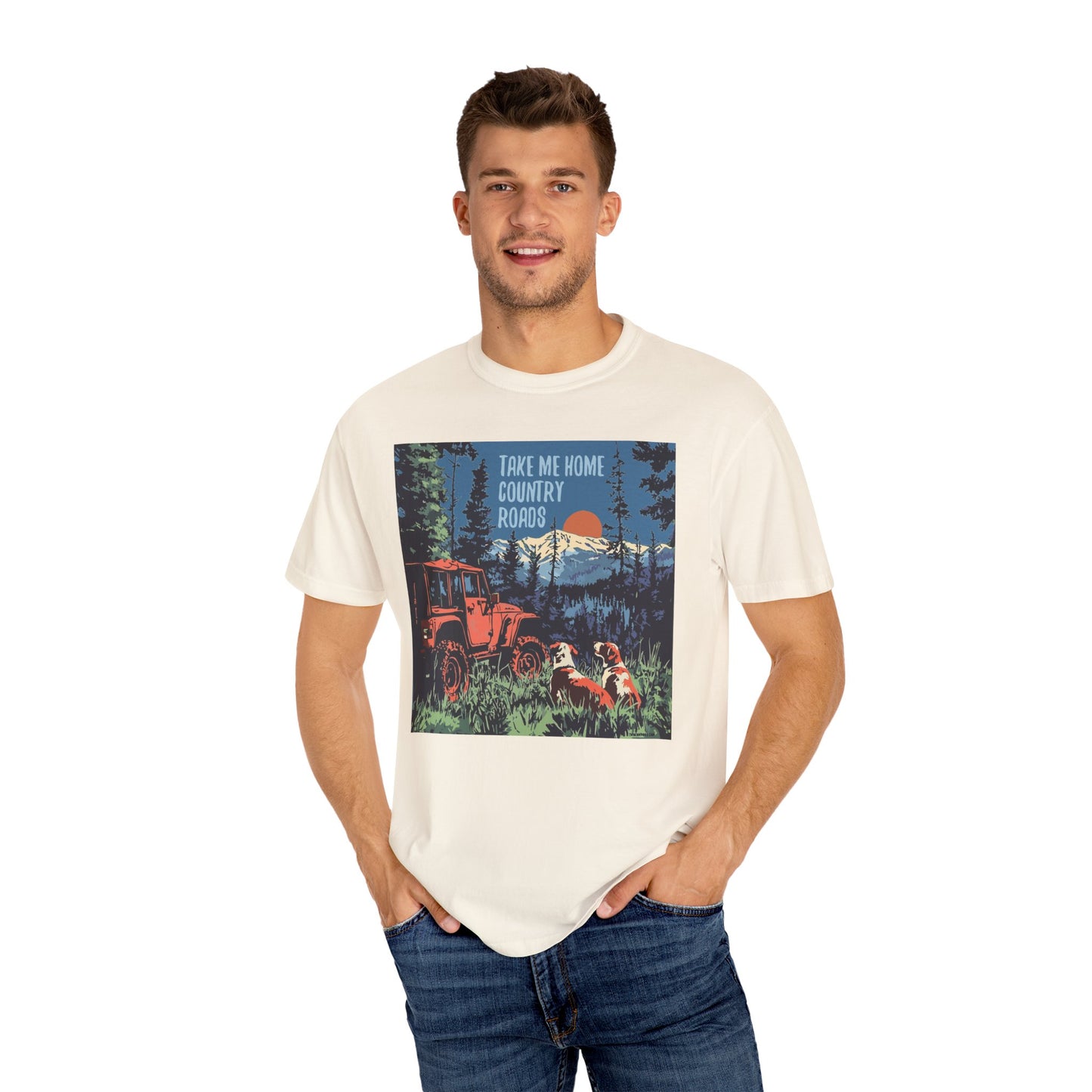 Country Roads Unisex T-Shirt, Dogs and Jeep Design