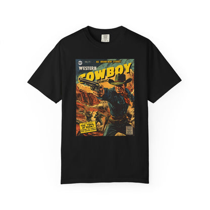 Western Comic Book T-Shirt - The Trail of Doom Unisex Garment-Dyed