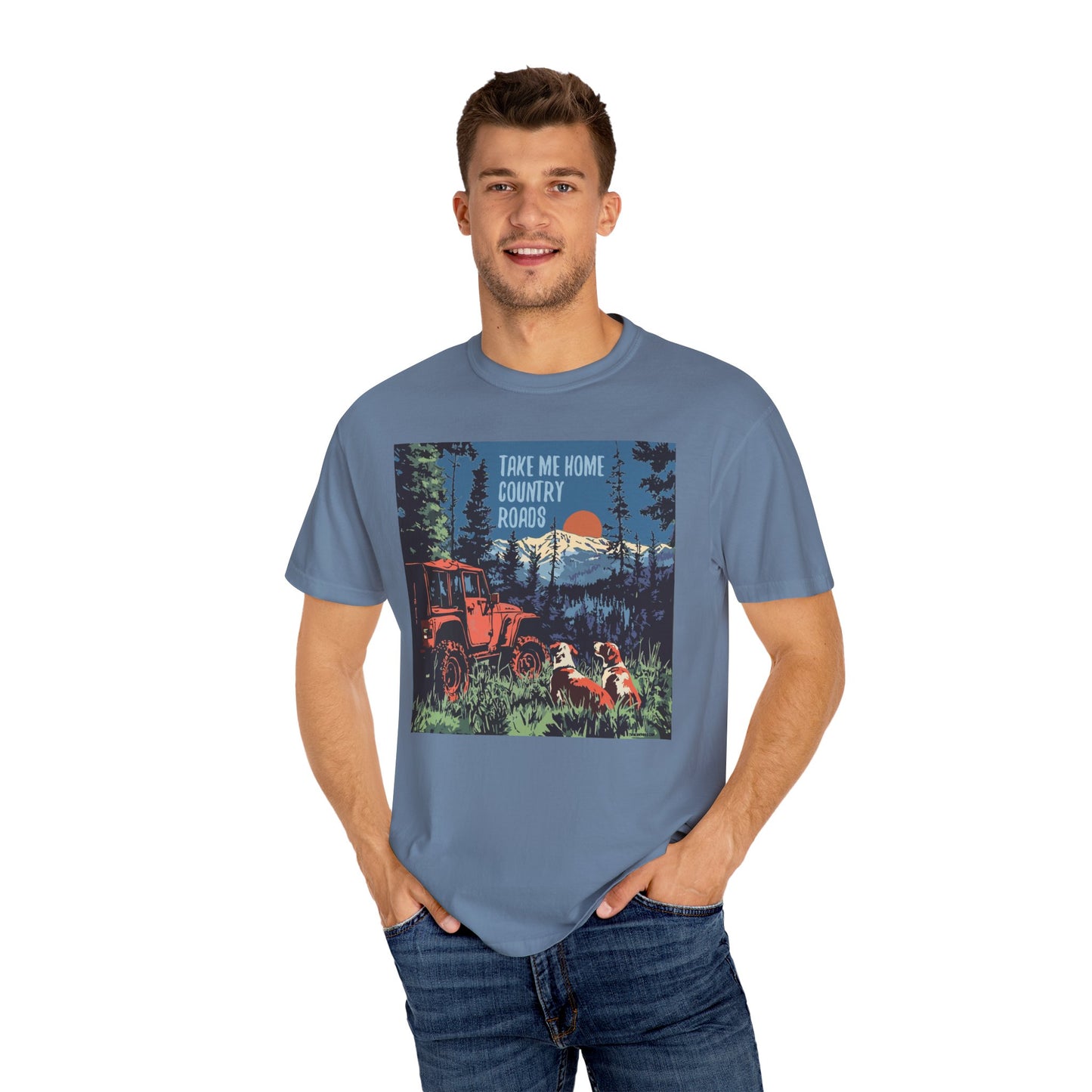 Country Roads Unisex T-Shirt, Dogs and Jeep Design