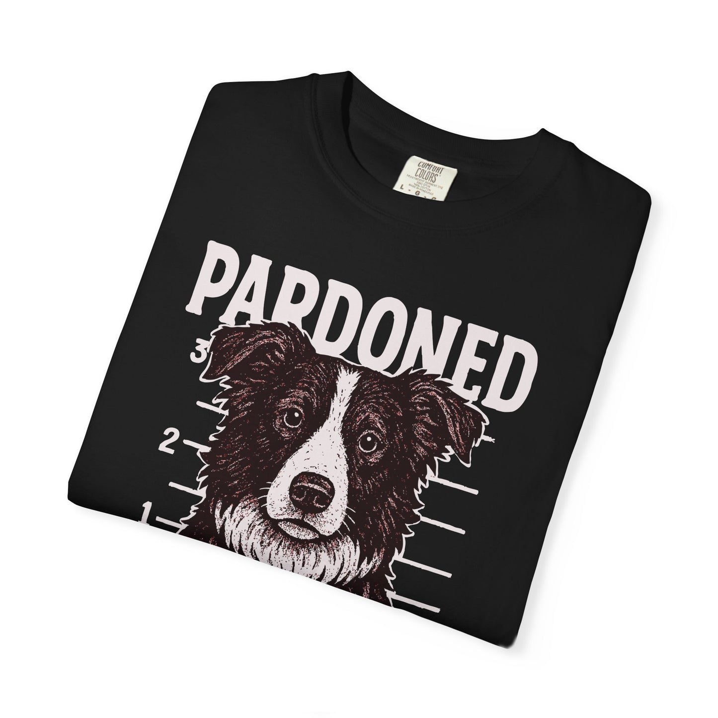 Border Collie Mugshot TShirt - PARDONED OUT ON GOOD BEHAVIOR