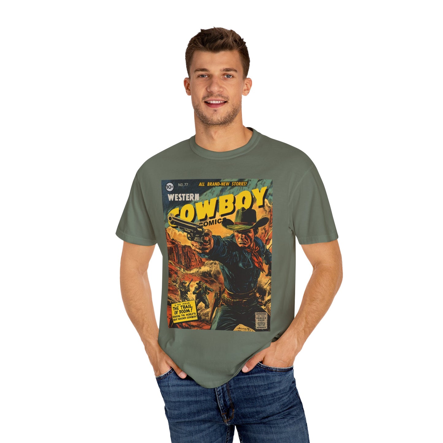 Western Comic Book T-Shirt - The Trail of Doom Unisex Garment-Dyed